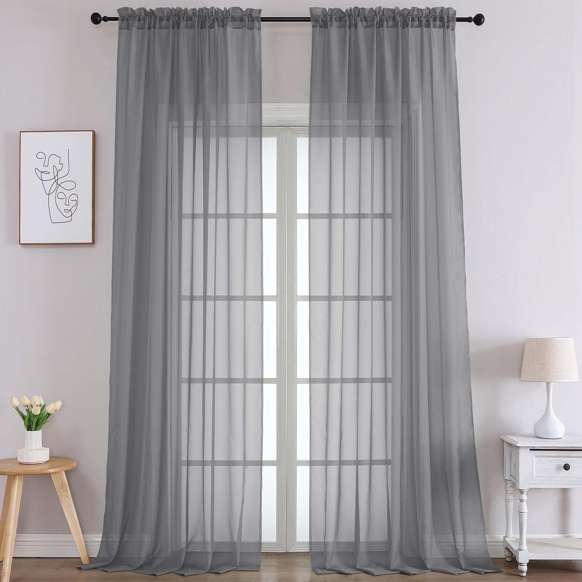 Extra Long Charcoal Grey Sheer Curtains 108 Inches Long 2 Panels (2 Count)