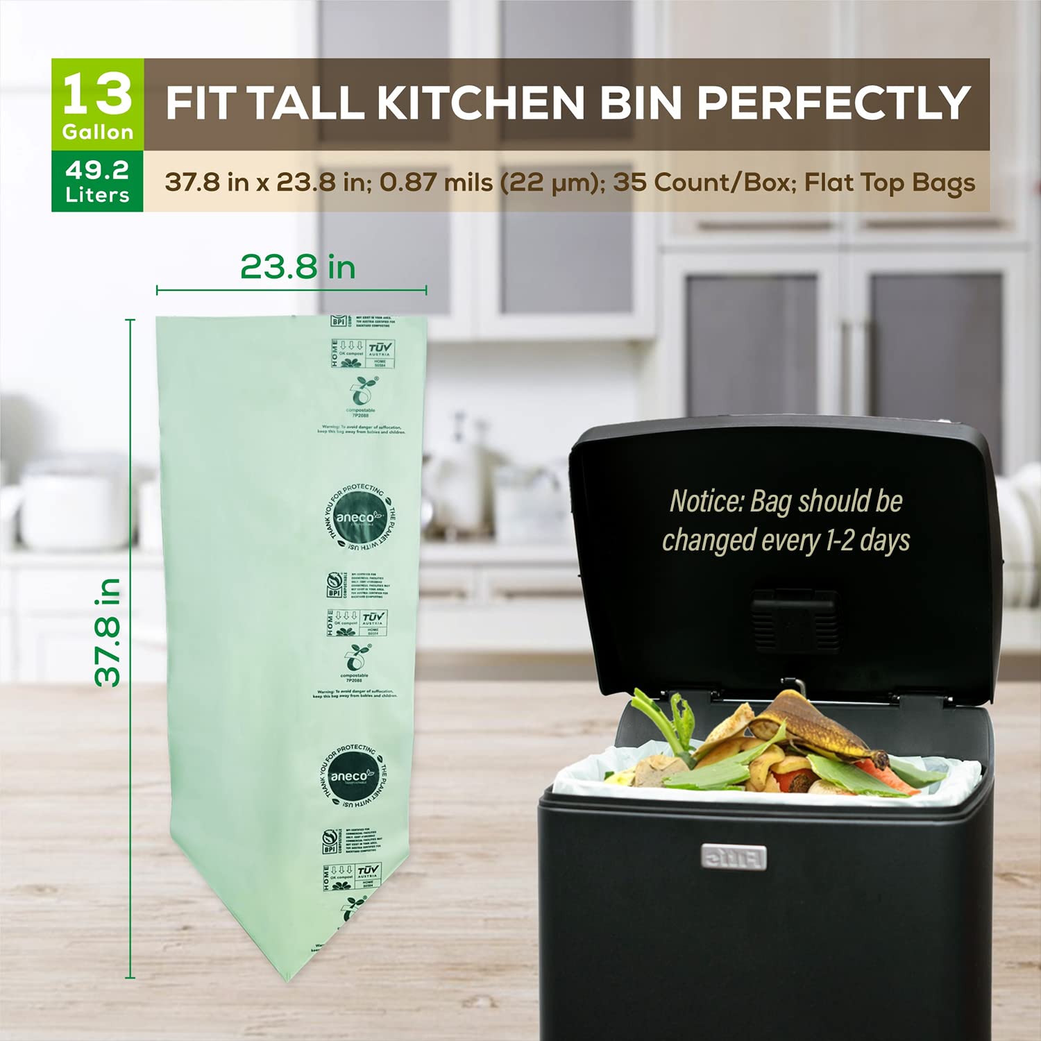 100% Compostable Trash Bags 13 Gallon (35 Count)