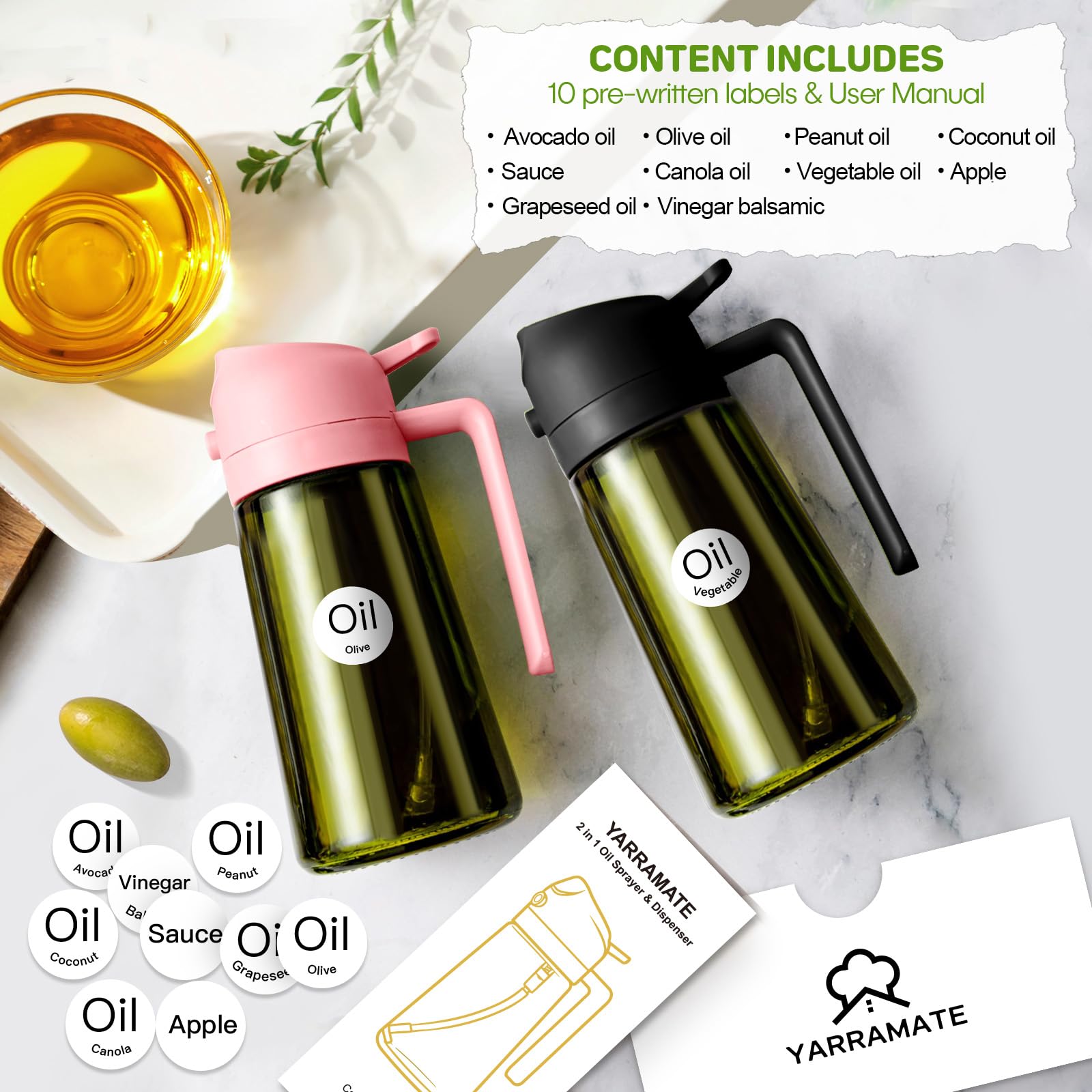 16oz 470ml Dark Green Oil Sprayer for Cooking with Stickers