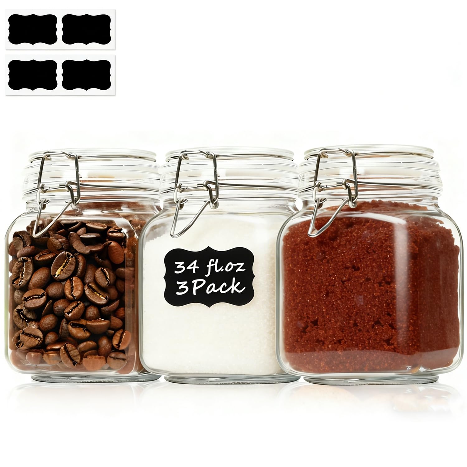 Square Glass Pantry Jars with Airtight Lids 34 oz 3 Pack Coffee (3 Count)