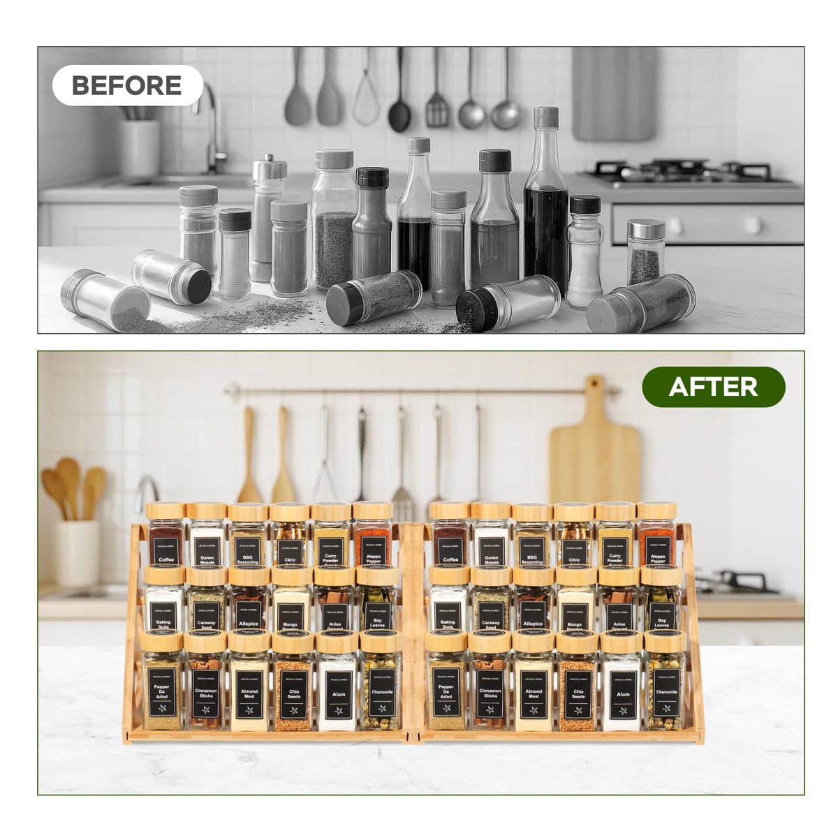 3 Tier Bamboo Spice Rack Organizer with 18 Empty 4 oz Glass Spice Jars