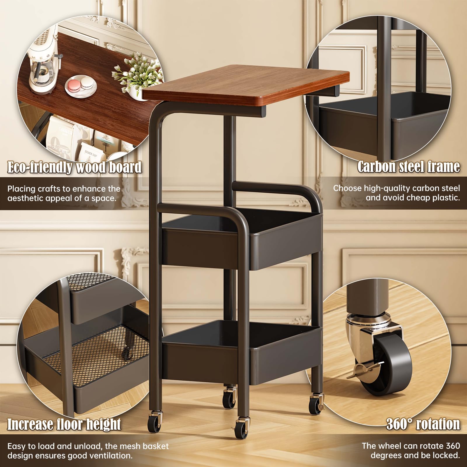 3 Tier Metal Rolling Utility Cart Organizer with Walnut Table Top