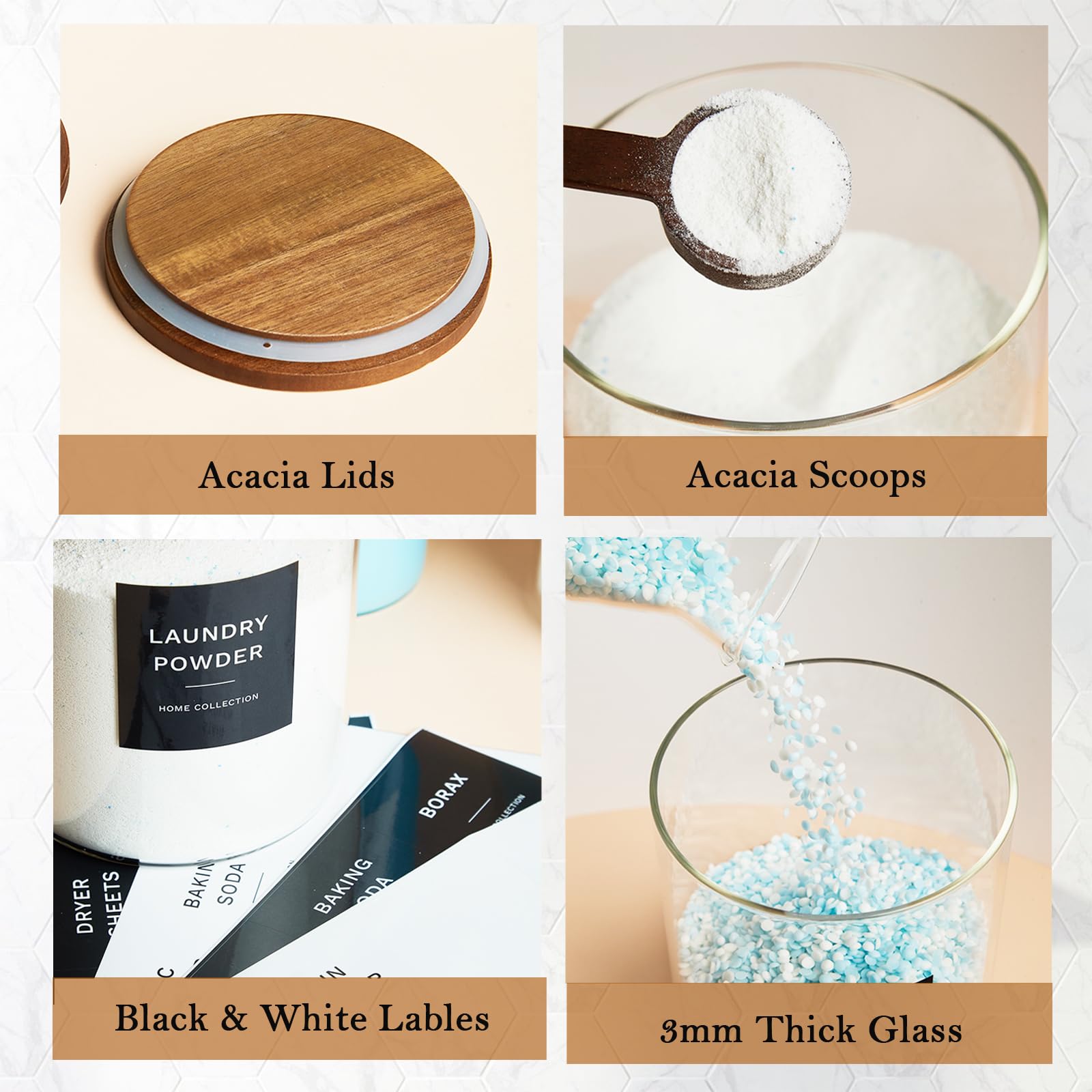 Glass Laundry Storage Containers with Acacia Lids and Scoops (2 Count)