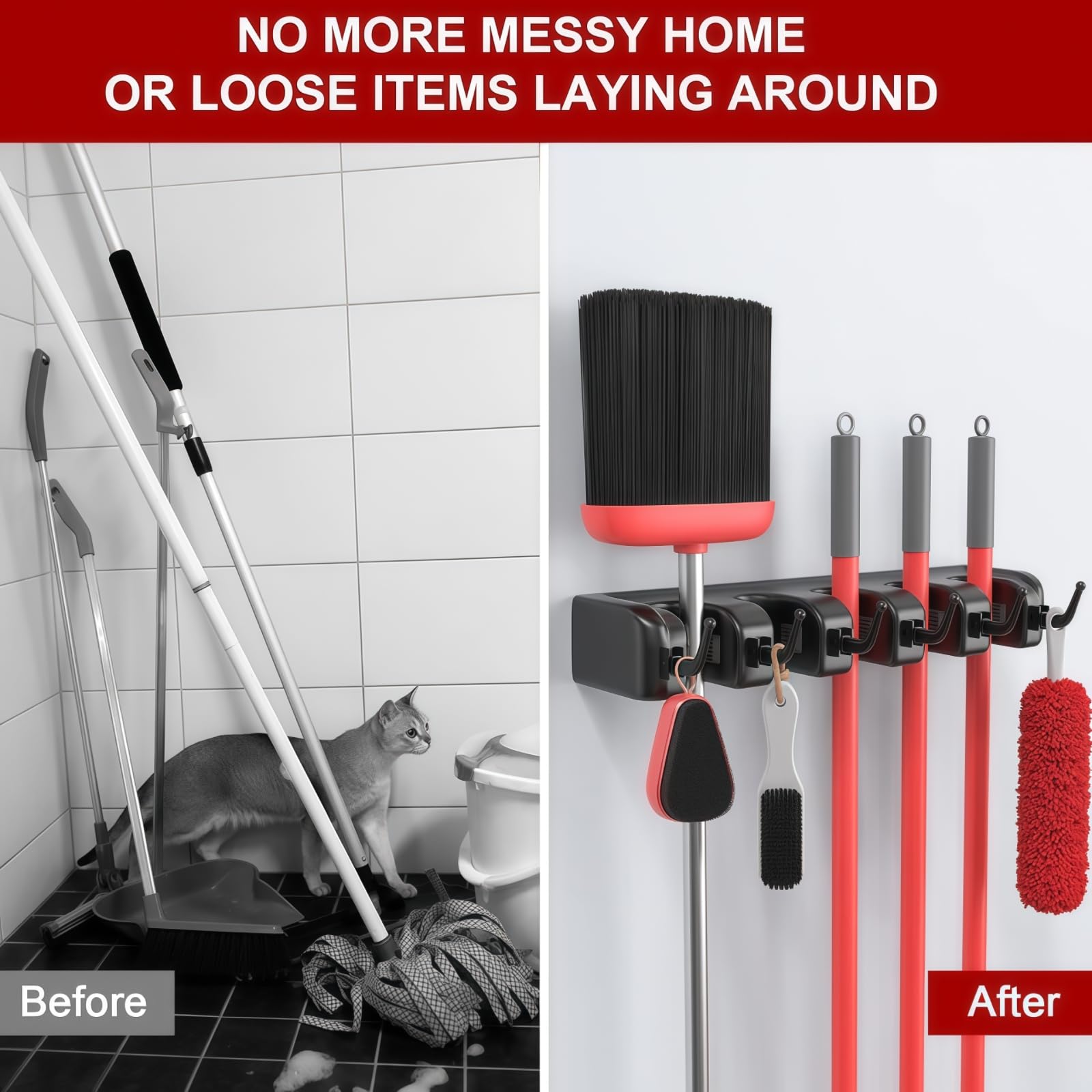 Broom Holder Wall Mount with Hooks & Slots