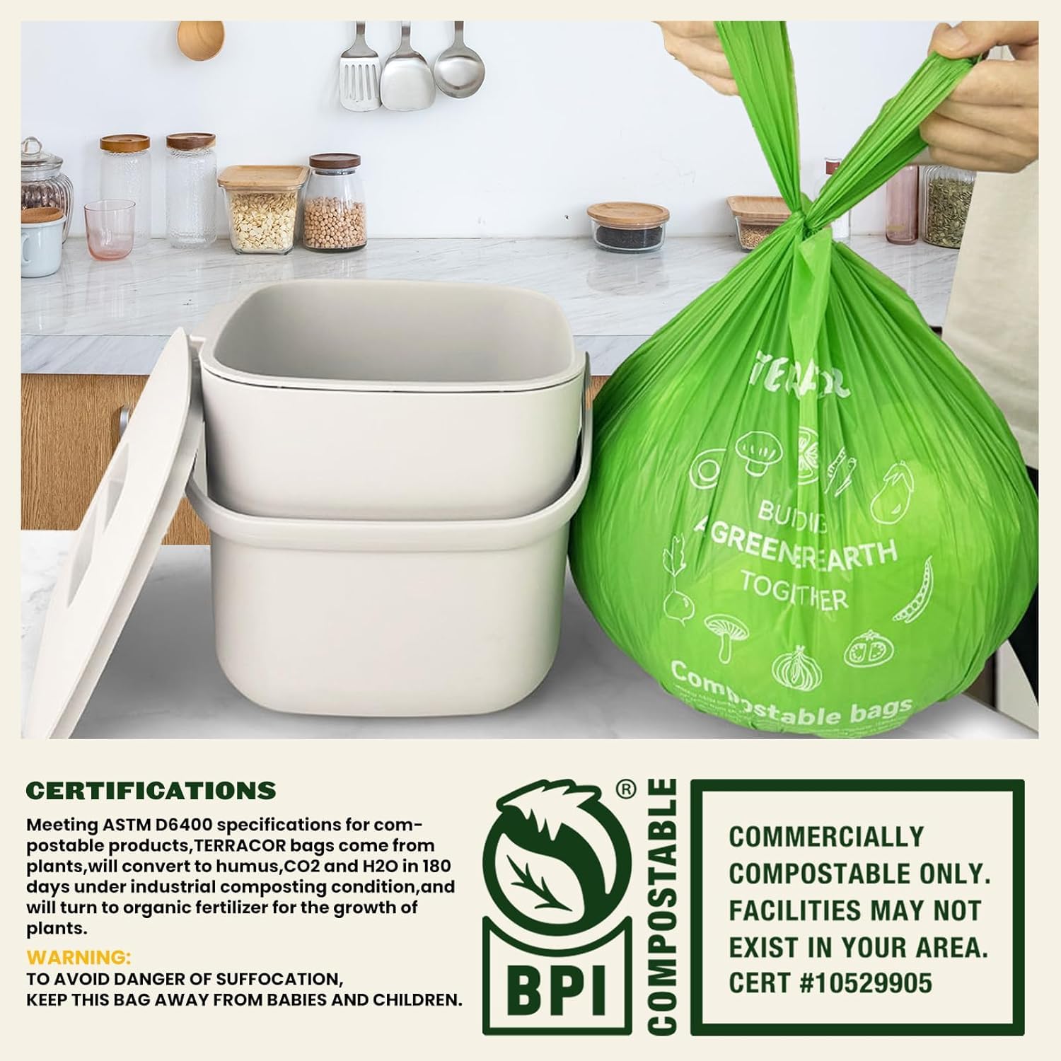 Compost Bags 3 Gallon Compostable Food Scrap Bags Handle Tie (200 Count)