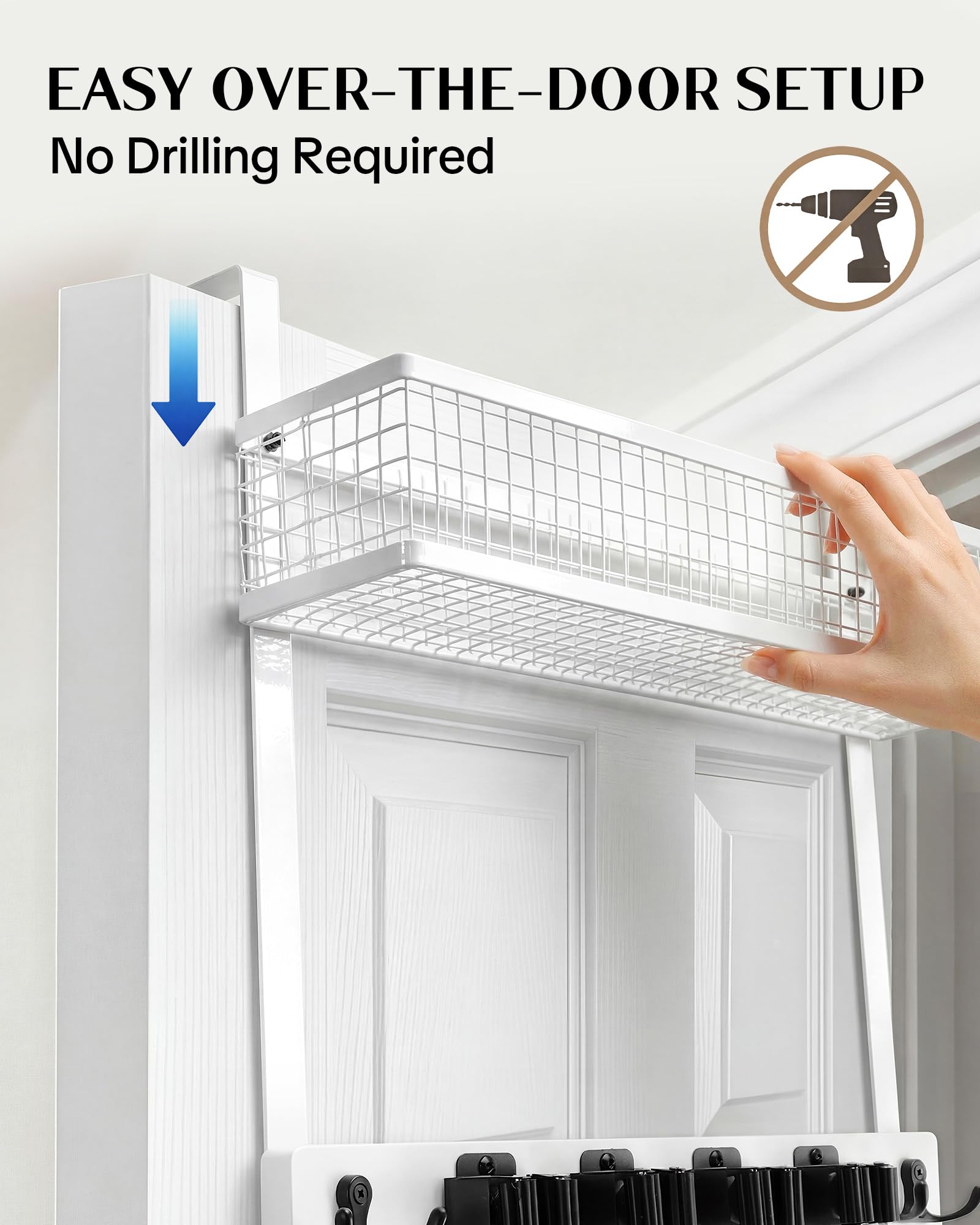 Over the Door Broom and Mop Holder with Basket