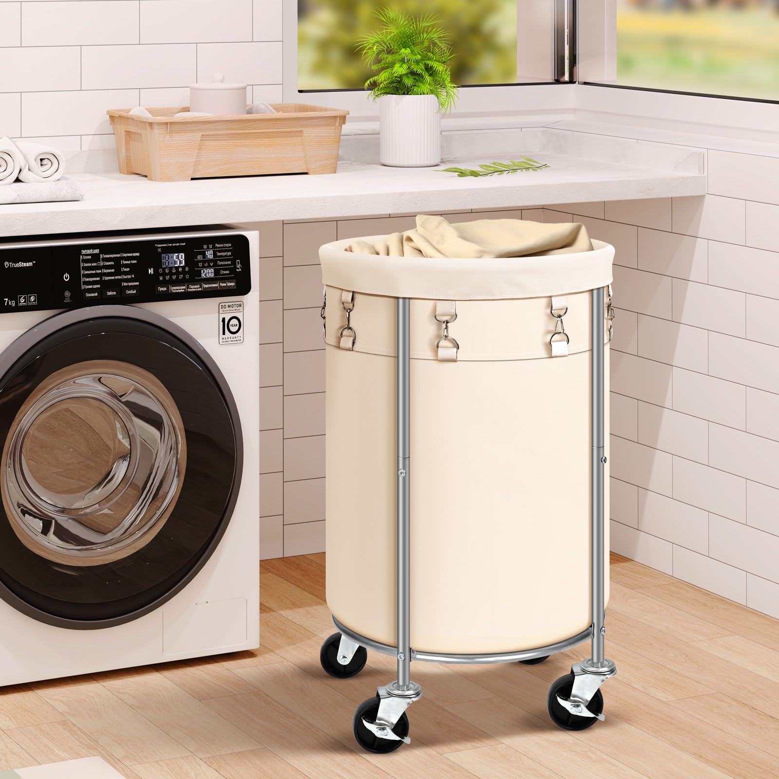 100L Round Rolling Laundry Hamper Basket with Wheels
