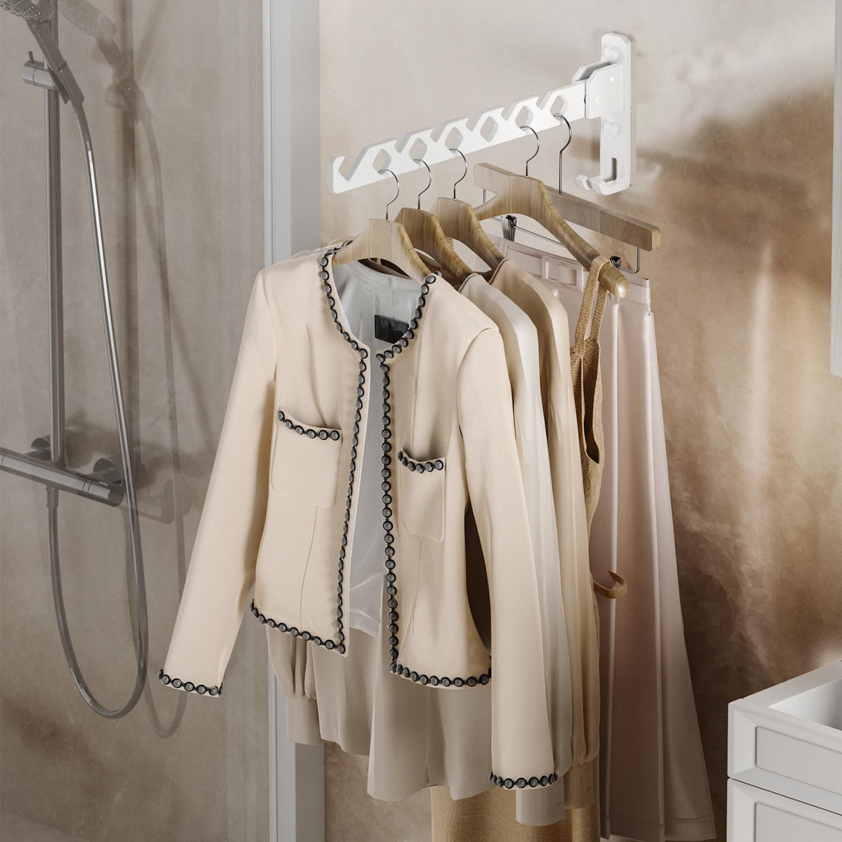 Wall Mount Coat Hanger Holder White Clothes Drying Organizer Rack Garment Hooks Aluminium Retractable Folding Indoor Wall Mounted Hanger Space Saver for Laundry Room Bedroom White 2Pack