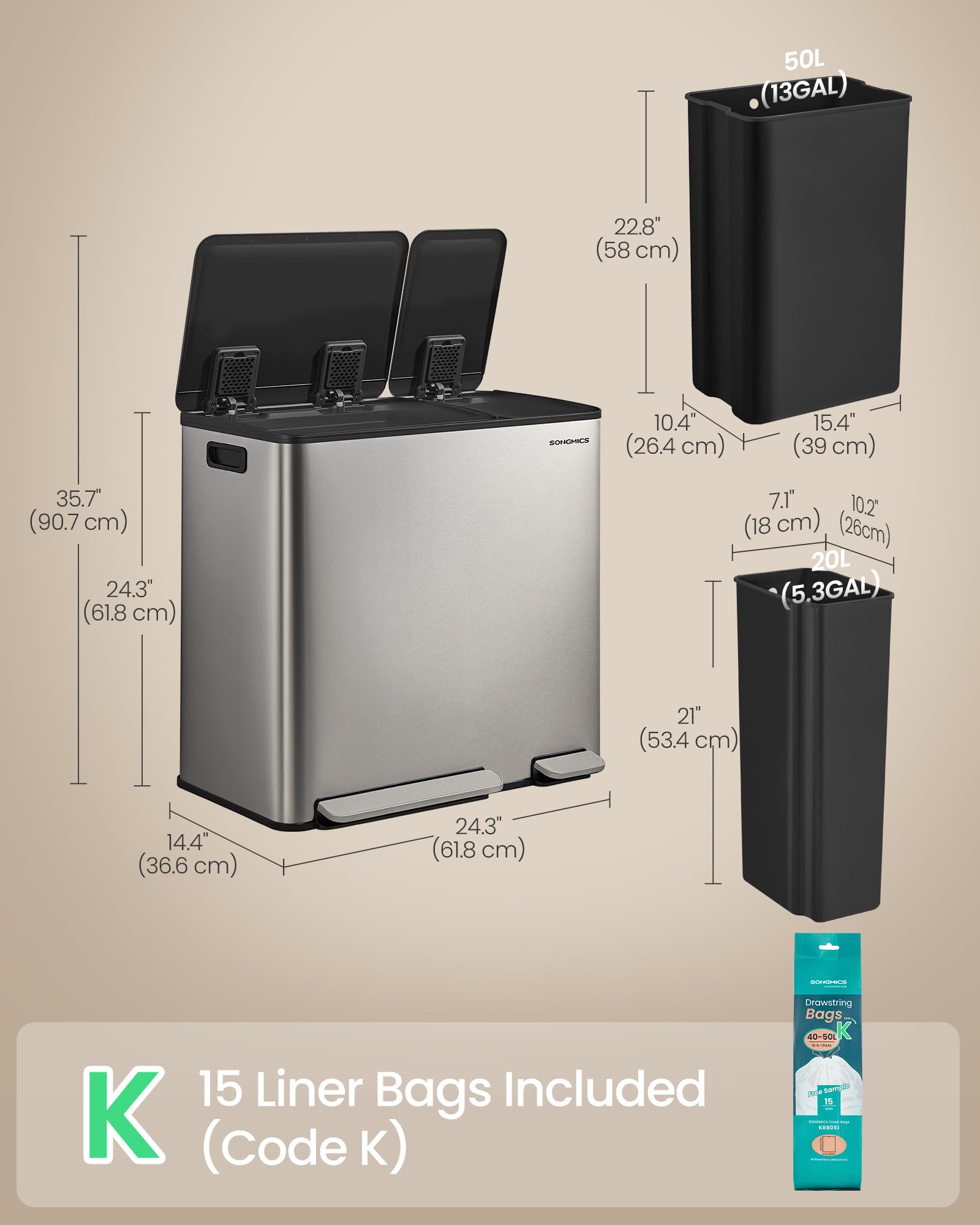Trash Can 13 + 5.3 Gallon Dual
