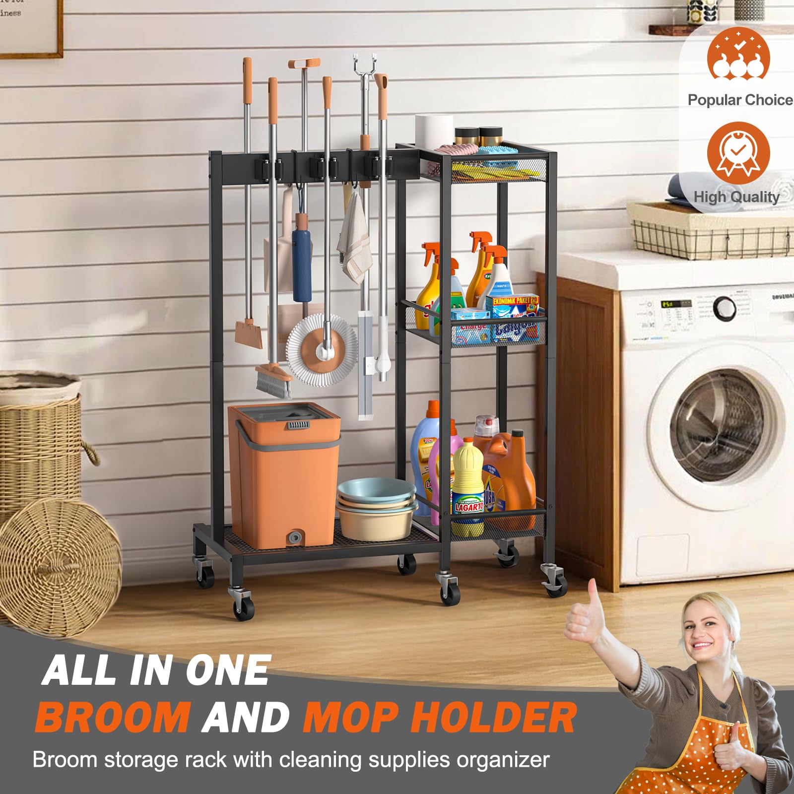 Broom Holder with Cleaning Supplies Organizer