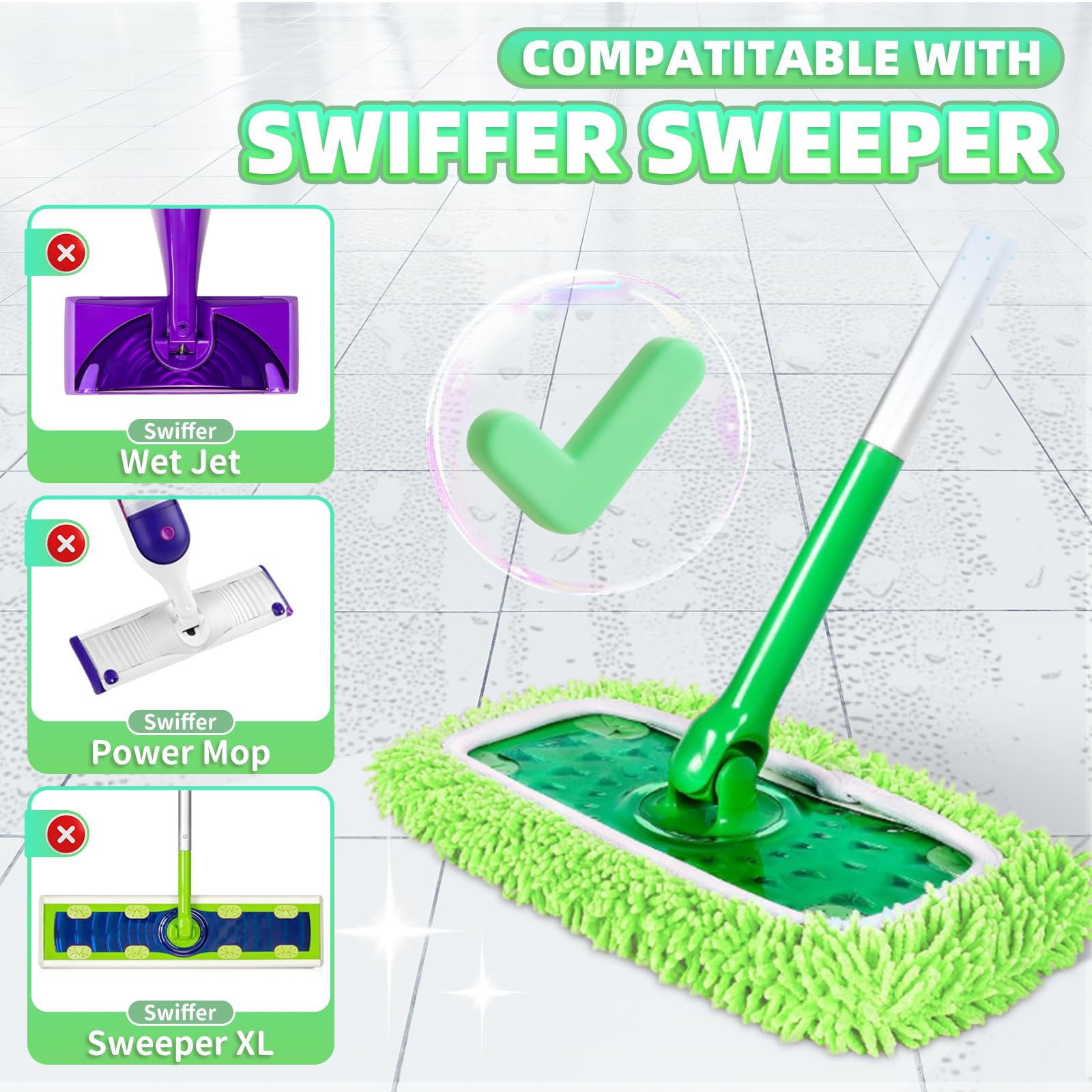 8 Pack Green Reusable Chenille Mop Pads Fit for Swiffer Sweeper (8 Count)