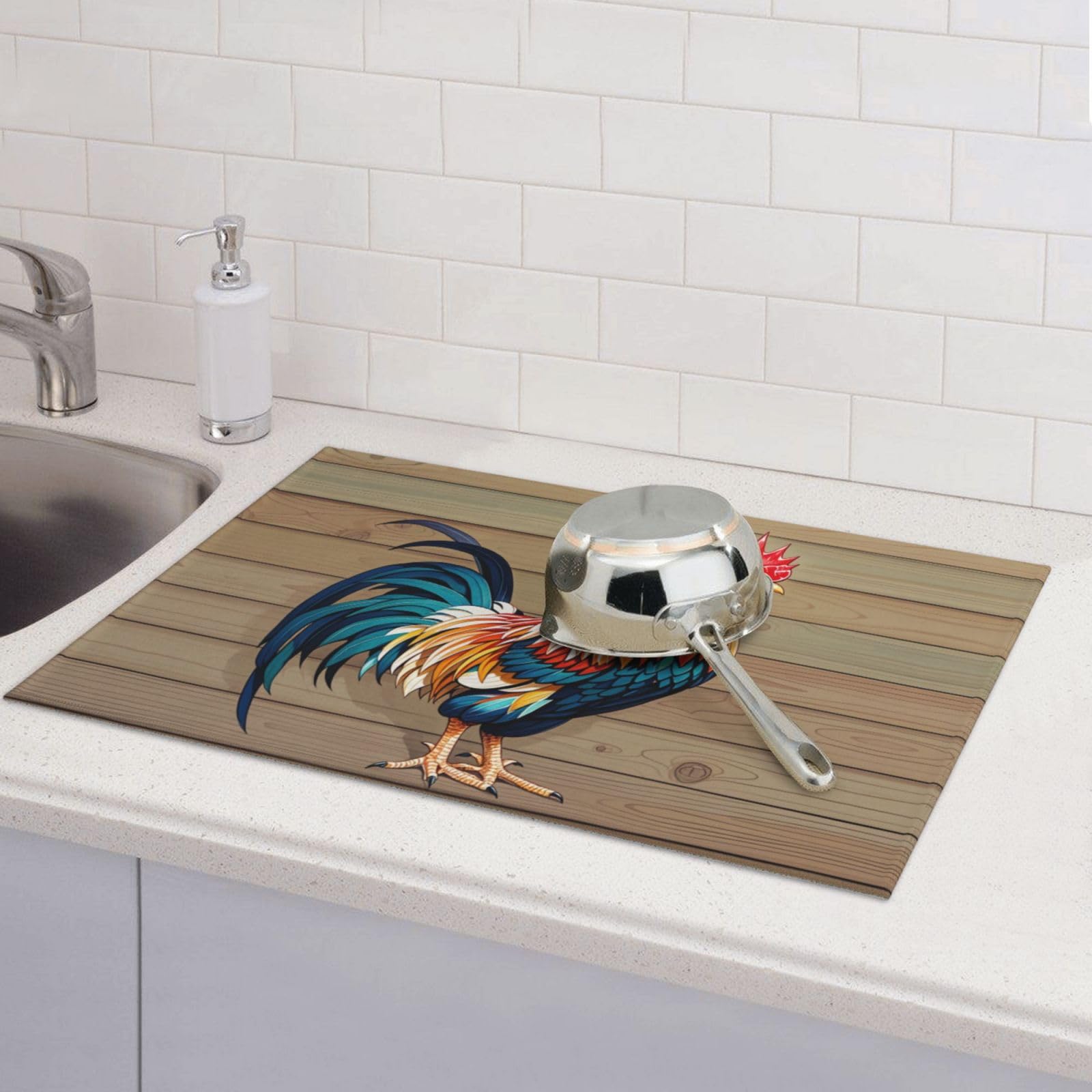 Rooster Dish Drying Mat Highly Absorbent Double