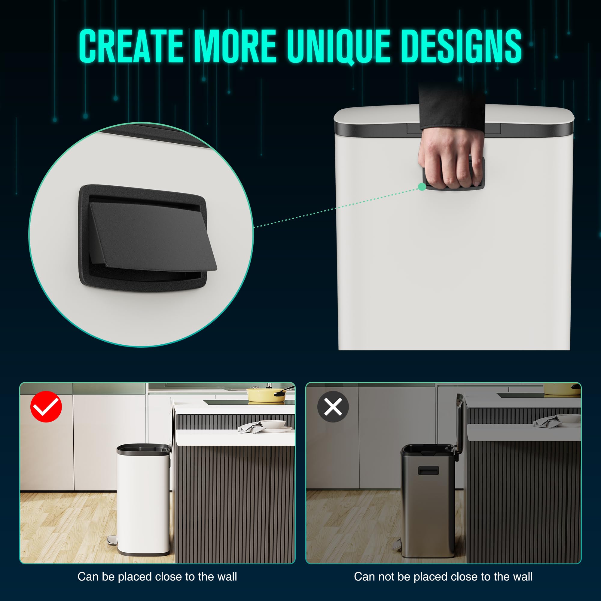 13 Gallon Stainless Steel Foot Pedal Large Trash Can with Soft Close Quiet Curved Surface Top Lid and Deodorant Storage Space
