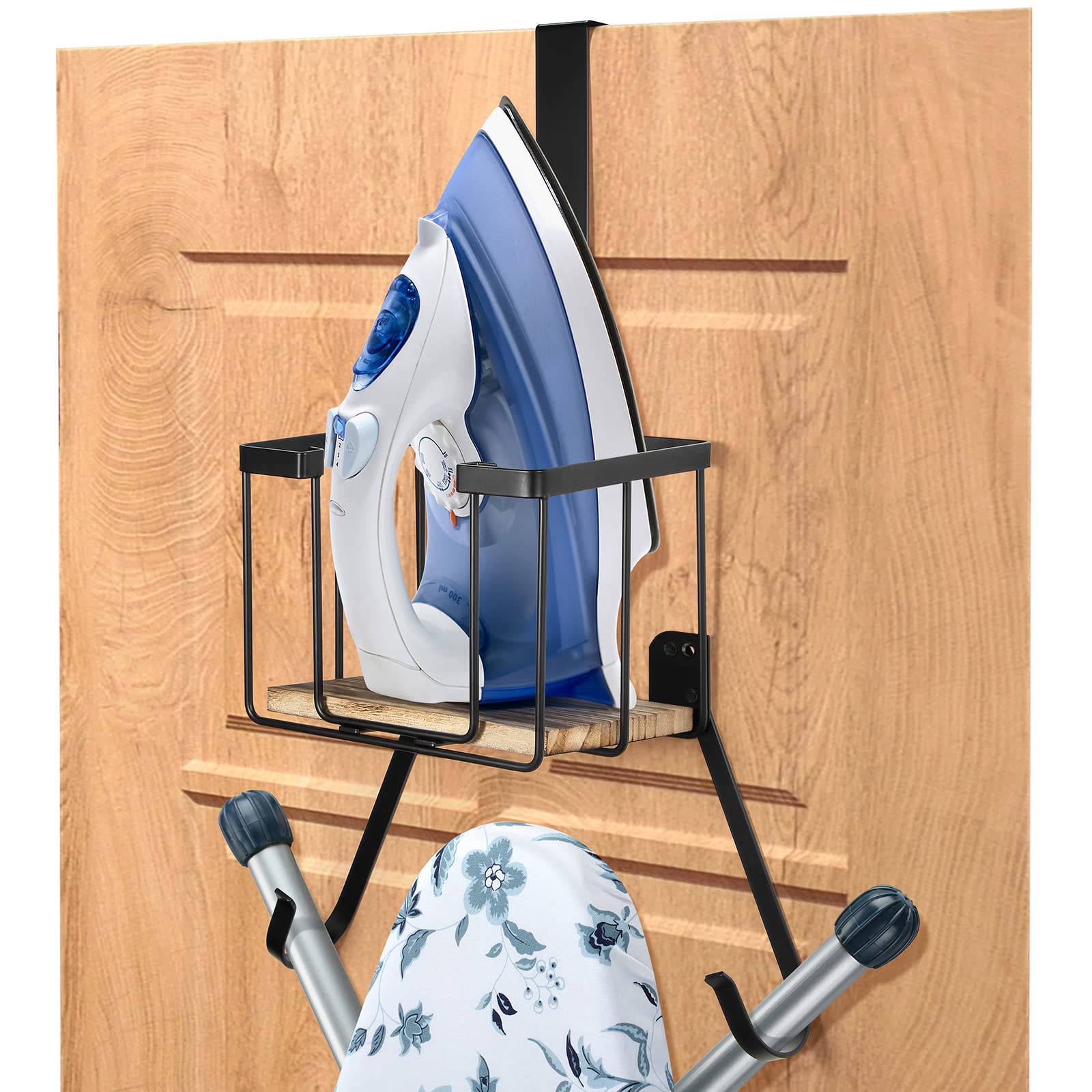 Wall Mount Over The Door Ironing Board Holder with Large Storage Basket