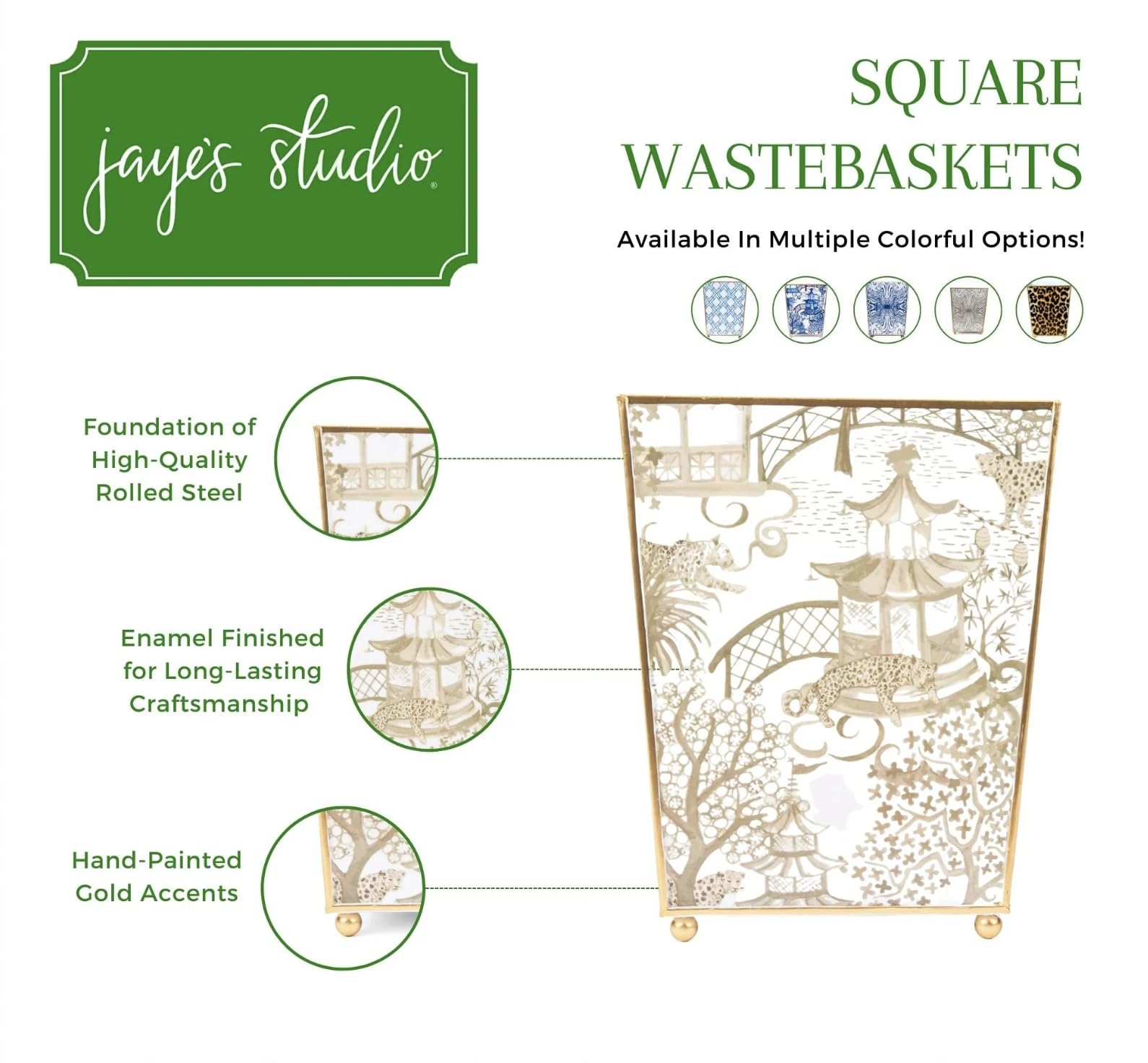 Jaye’s Studio Garden Party Decorative Gold Waste Basket for Bathroom Trash Can no Lid
