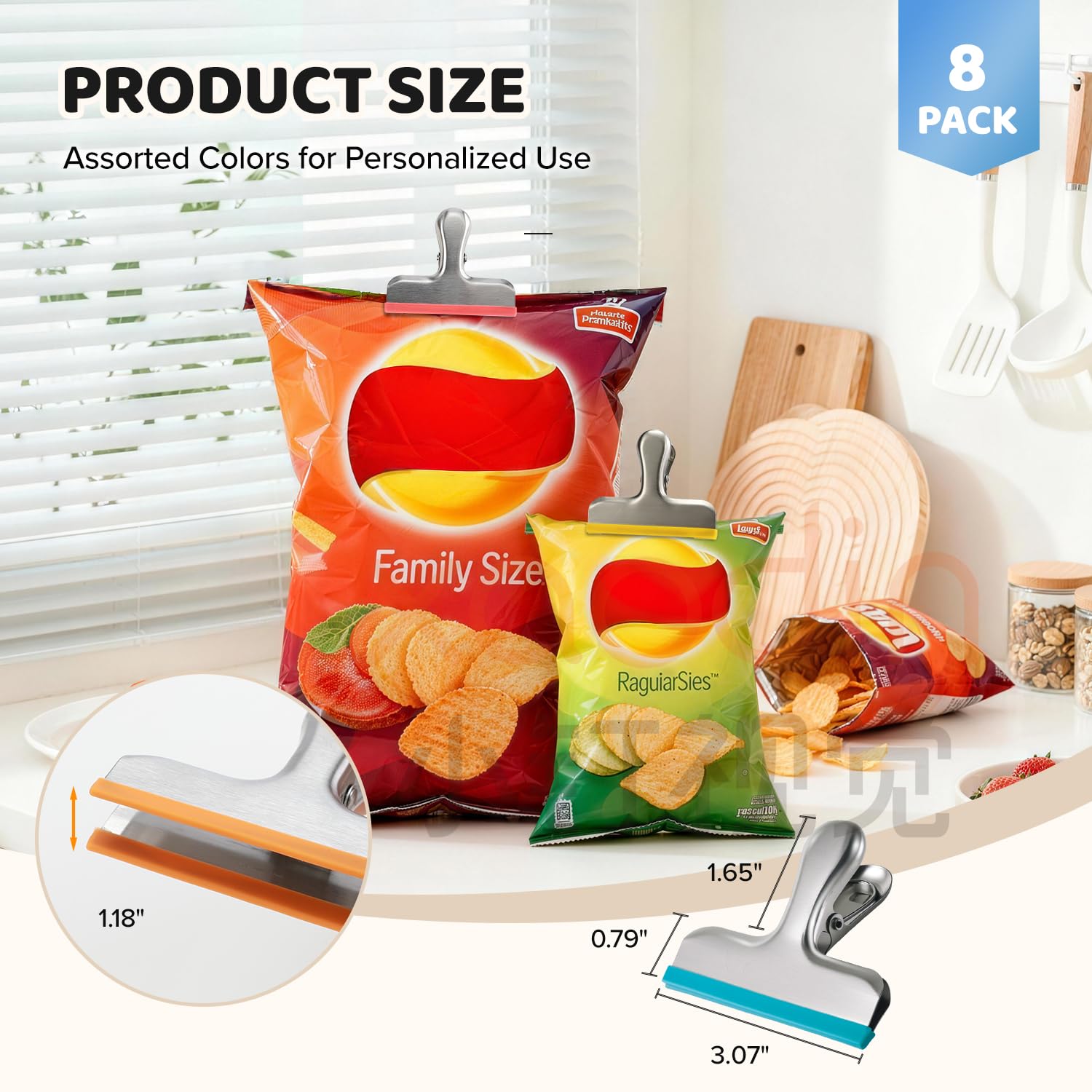 8 Pack Stainless Steel Chip Bag Clips Covered with Silicone (8 Count)