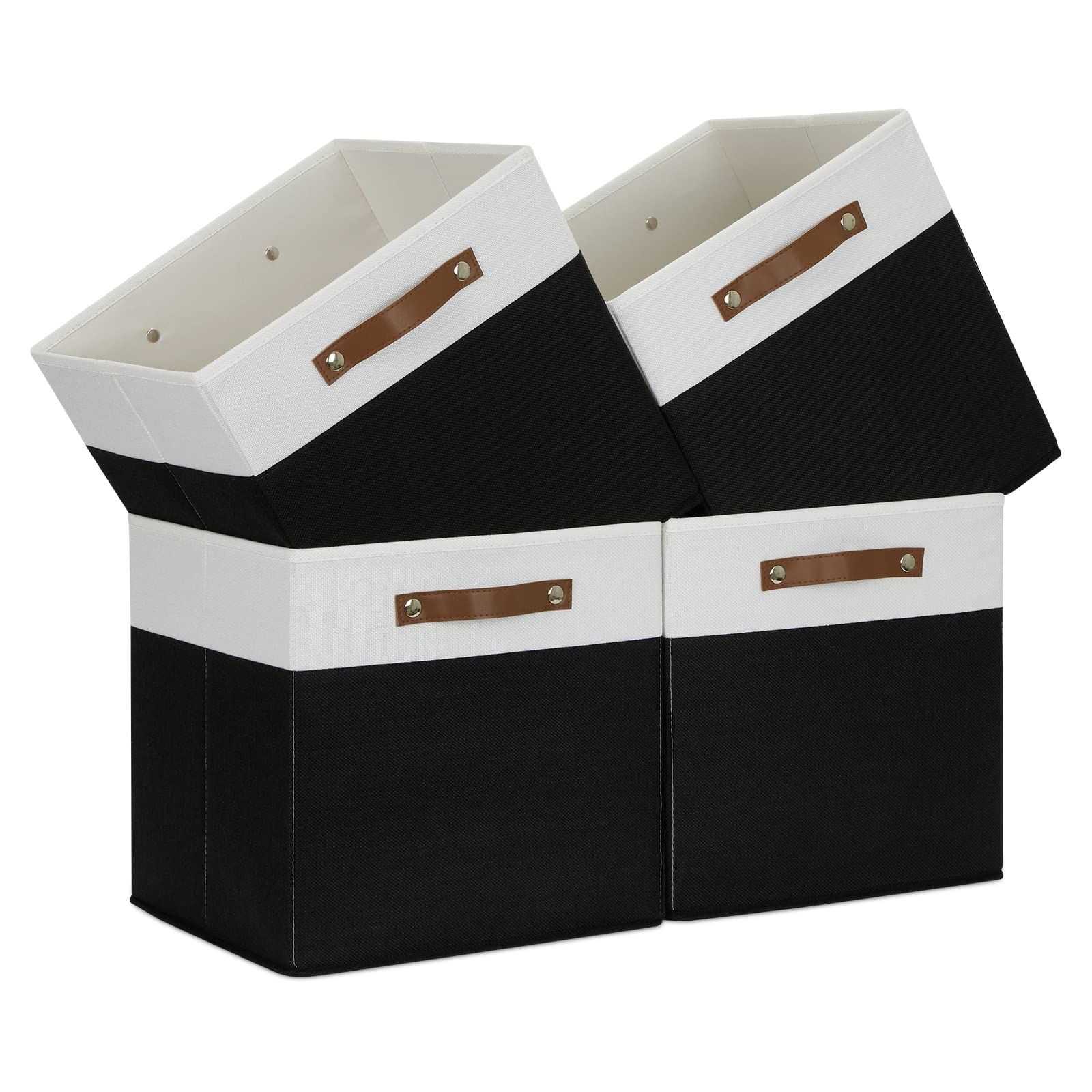 Fabric Storage Bin 4 Pack Cube Storage Bin for Shelf Fabric Cube Storage Basket 13 Inch Cube Storage Bins Foldable Storage Cubes with Leather Handles (4 Count)
