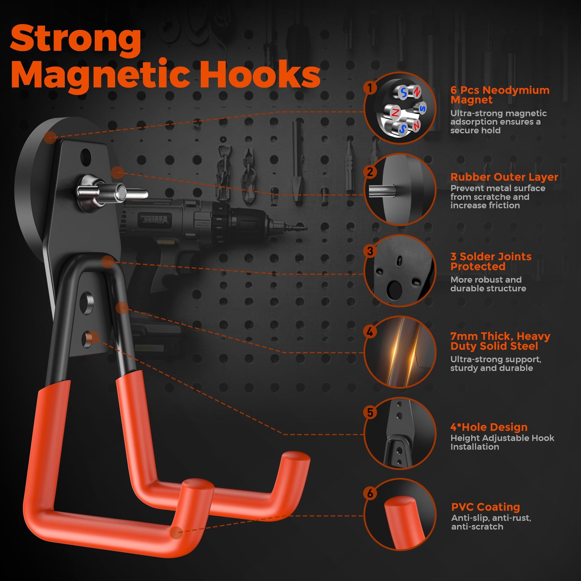 4 Pcs Large Strong Magnetic Hooks Heavy Duty Garage Big Magnet Hooks Extra Strength Magnetic Utility Storage Hook Hanger with Anti Slip Coating for Garden Indoor Outdoor Hanging Tools Orange (4 Count)