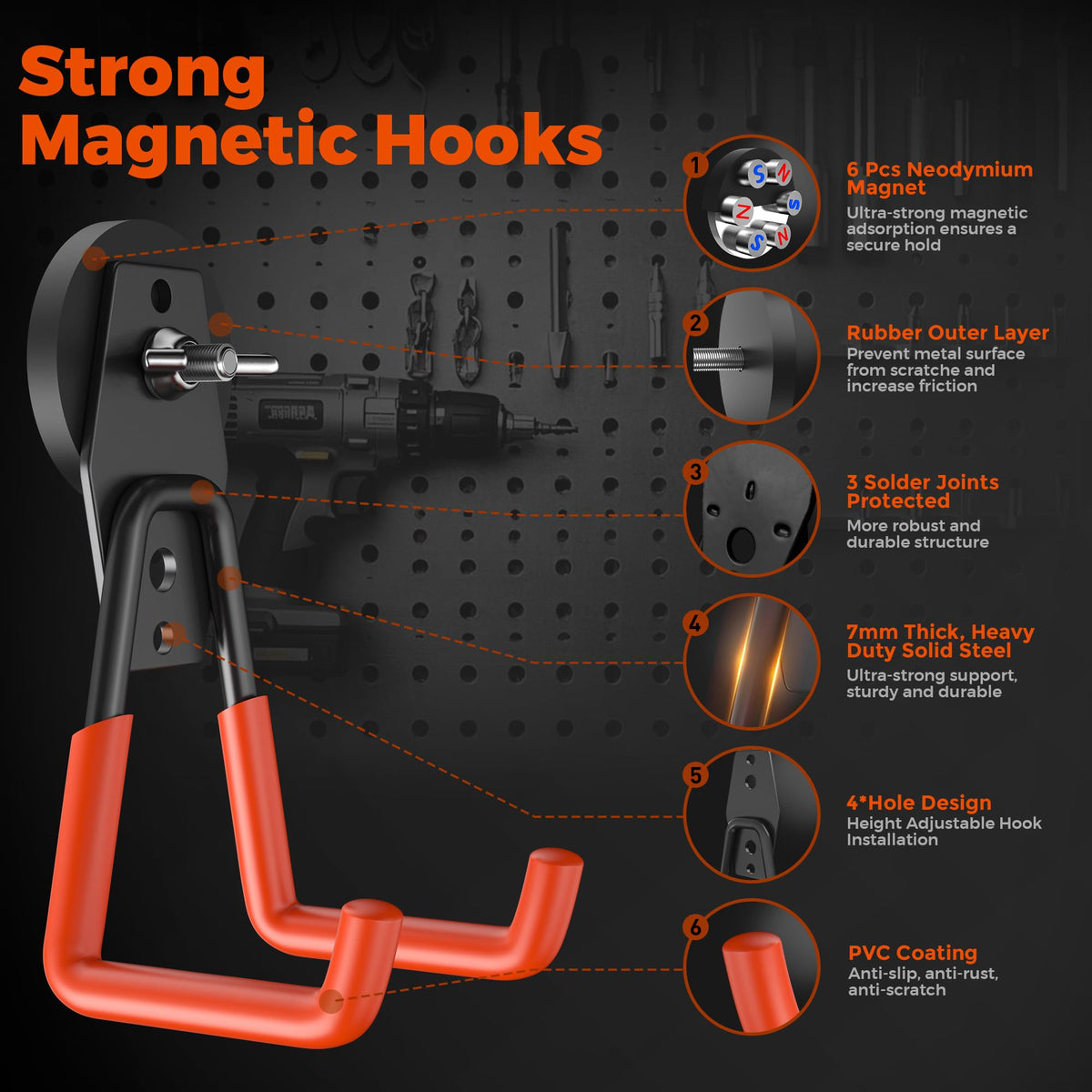 Large Strong Magnetic Hooks Heavy Duty Garage Big Magnet Hooks Extra Strength Magnetic Utility Storage Hook Hanger with Anti Slip Coating for Garden Indoor Outdoor Hanging Tools 2 Pcs Orange (2 Count)