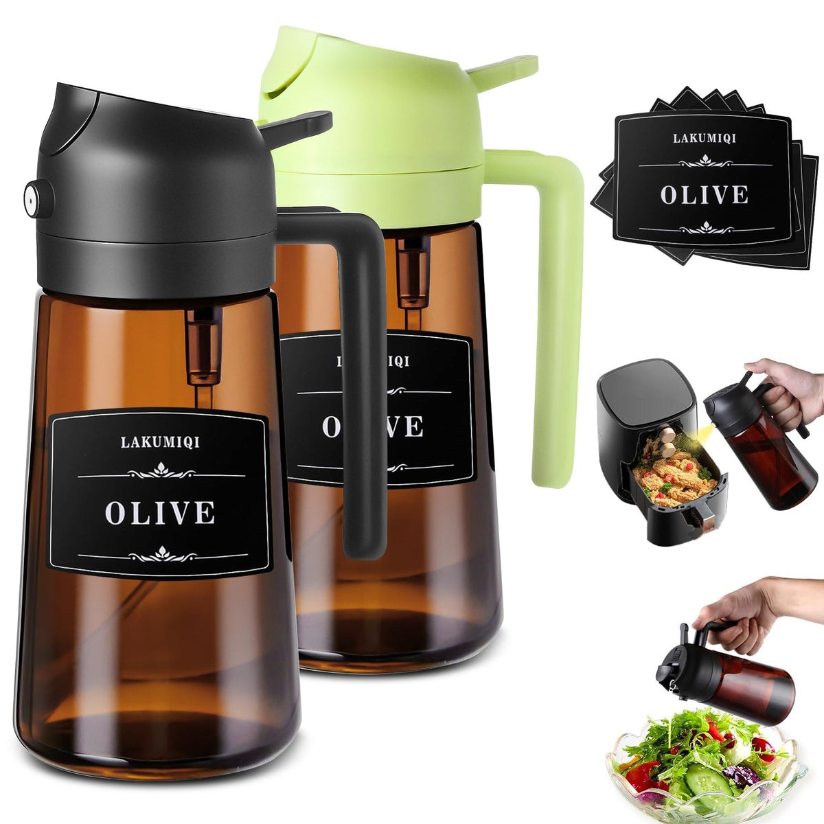 Oliver Oil Sprayer Dispenser for Cooking Bottle 16oz Dark Glass Black Green (2 Count)
