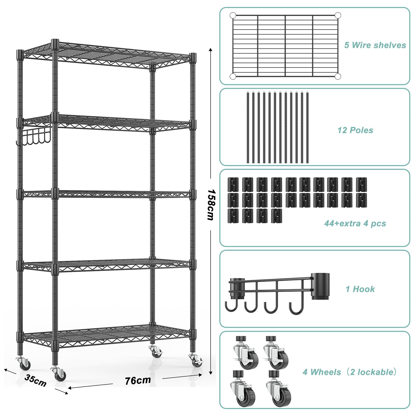 5 Tier Storage Shelf Wire Shelving Unit on Wheels Heavy Duty Metal Shelves Adjustable Steel Rack Organization for Kitchen Garage Basement (5 Count)