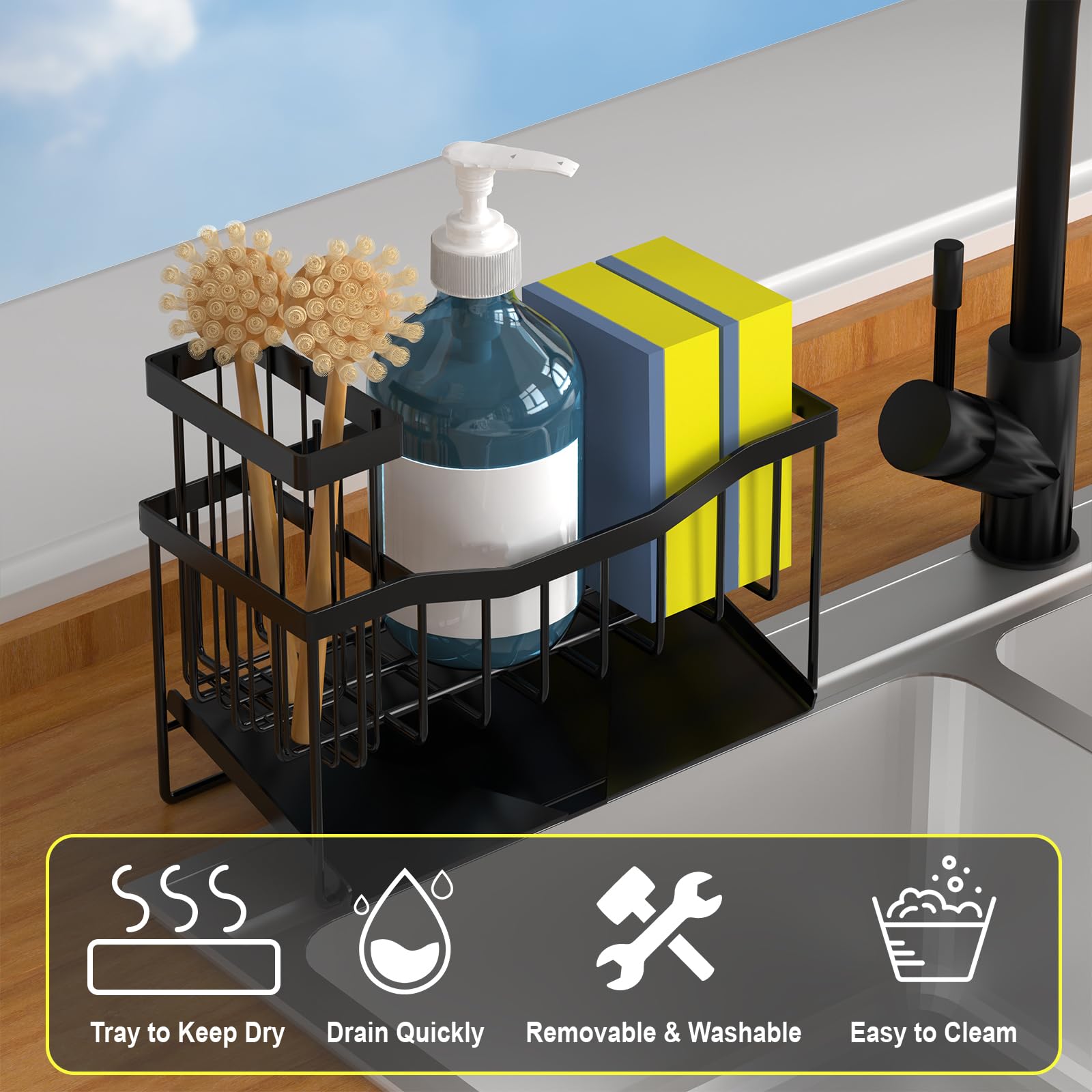 Maifan Sink Caddy Sponge Holder for Kitchen with Brush Holder and Stainless Steel Self Drain Tray