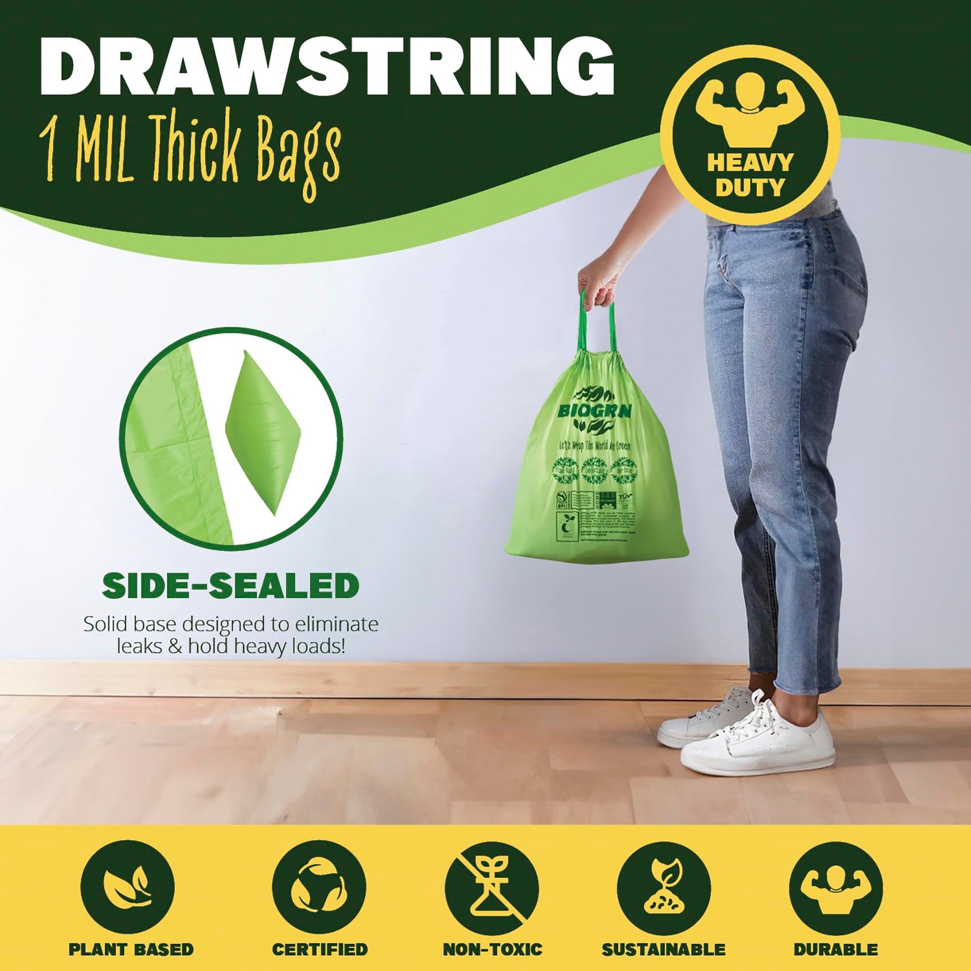 2.6 3 Gallon Compostable Trash Bags Drawstring 50 Bags Extra Thick 1 Mil 11.36 Liter Small Biodegradable Trash Bags for Kitchen Countertop Bin ASTM D6400 (50 Count)
