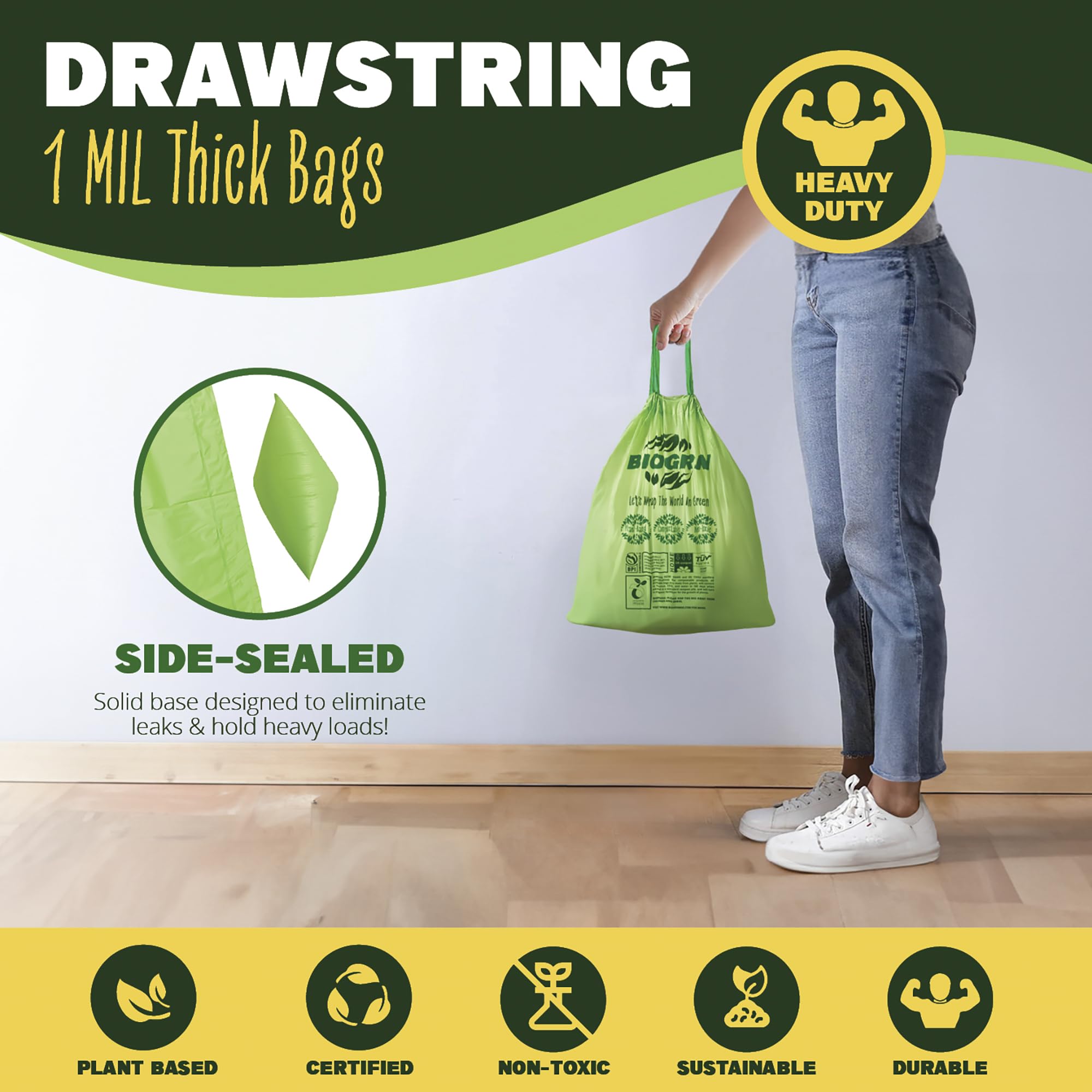 2.6 3 Gallon Compostable Trash Bags Drawstring 50 Bags Extra Thick 1 Mil 11.36 Liter Small Biodegradable Trash Bags for Kitchen Countertop Bin ASTM D6400 (50 Count)