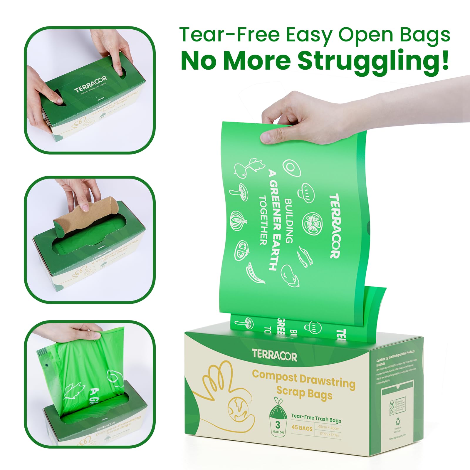 3 Gallon Compostable Trash Bags Drawstring (45 Count)