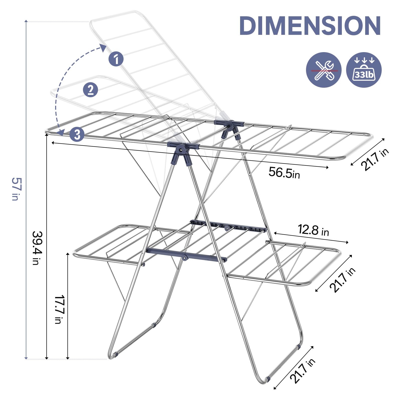 Large Stainless Steel Clothes Drying Rack with 4 Wings