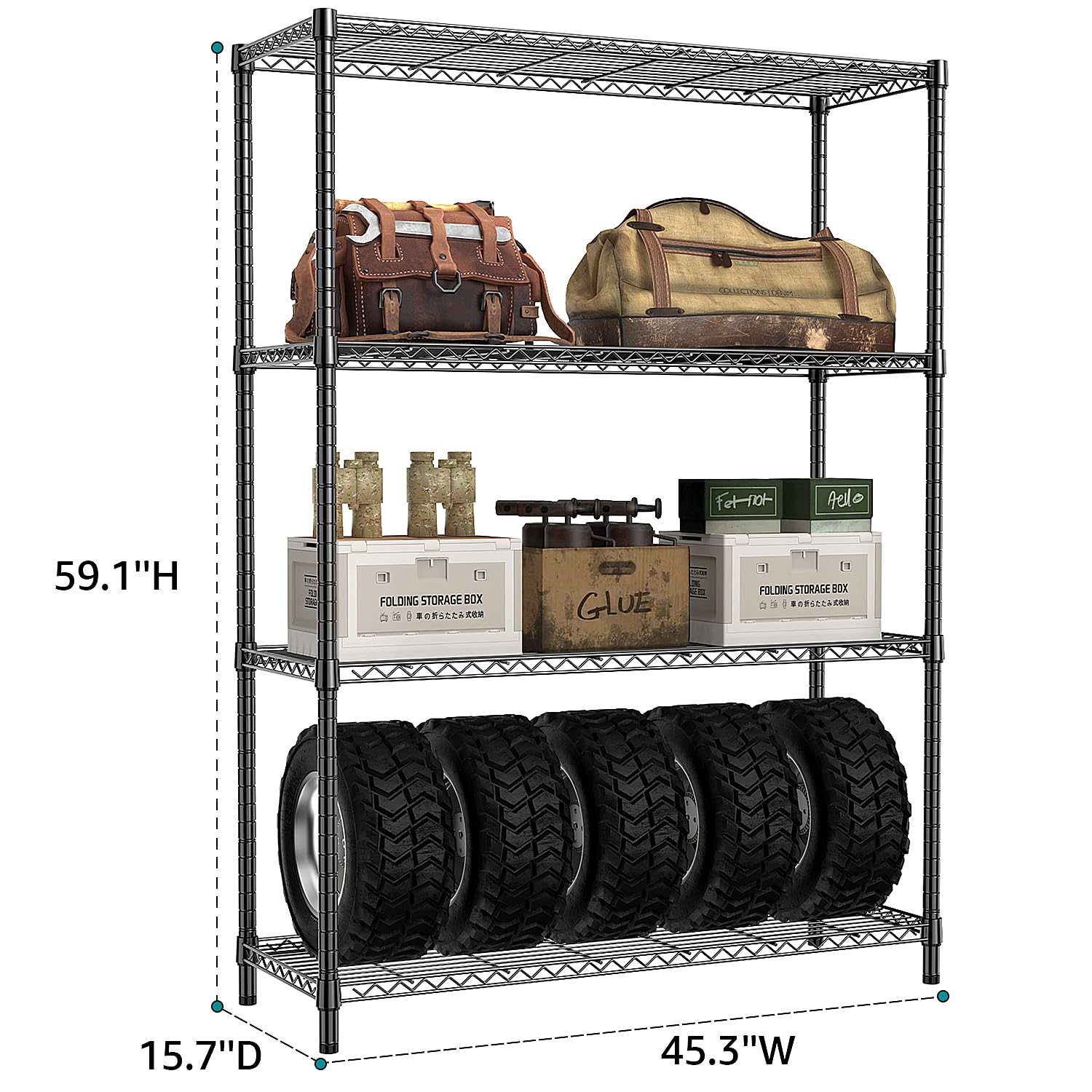 1400 LBS Garage Black Shelving Wide Storage Shelves 4 Tier Adjustable Heavy Duty Metal Wire Rack Standing Shelf Unit for Kitchen Office College Dorm Garage Warehouse 15.8" x 45.8"x 59.4"
