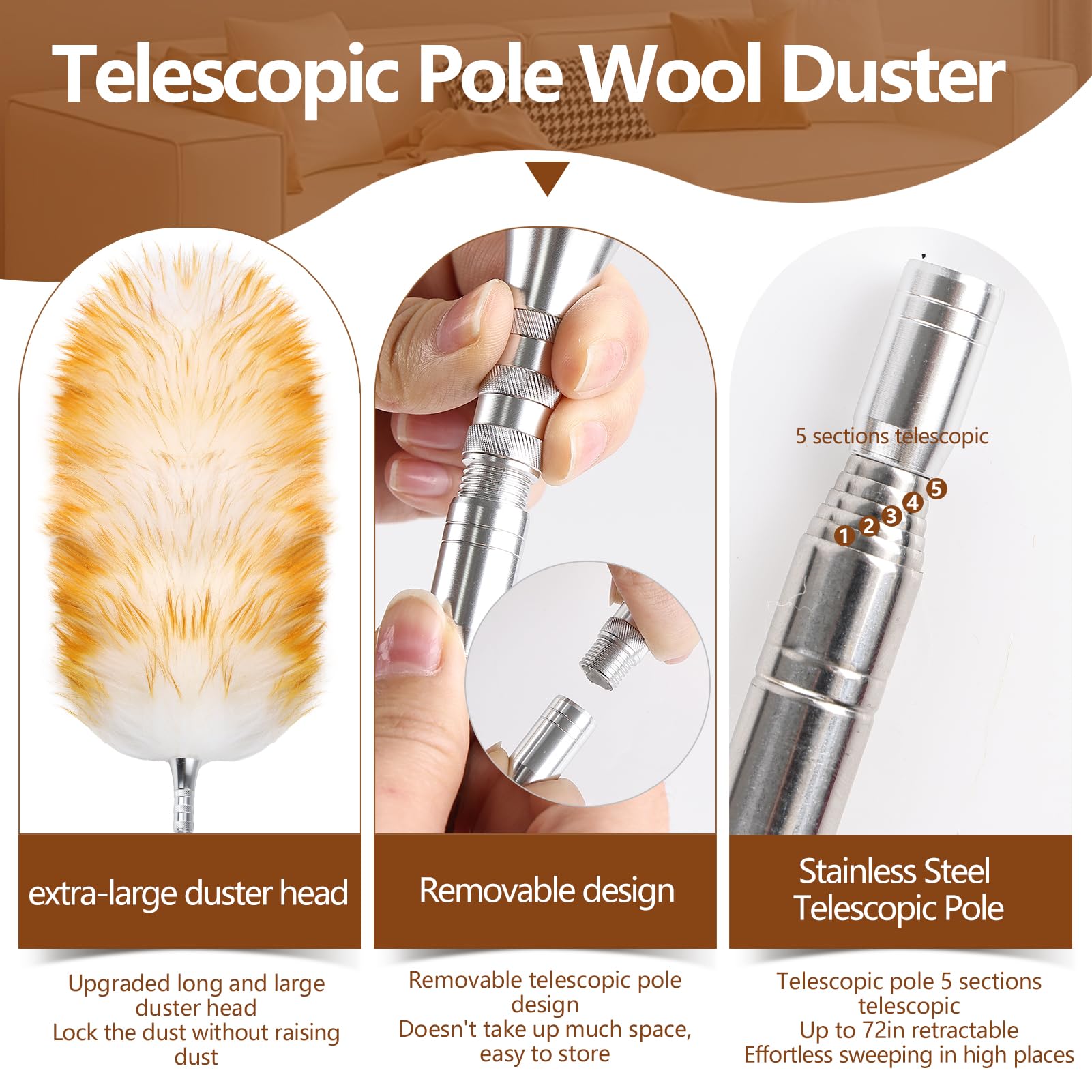 Lambswool Duster for Cleaning with Solid Wooden Handle Leather Hang Strap 87.8" Removable Retractable Feather Duster for Cleaning Ceiling Fans Window Blinds Interior Roof Furniture