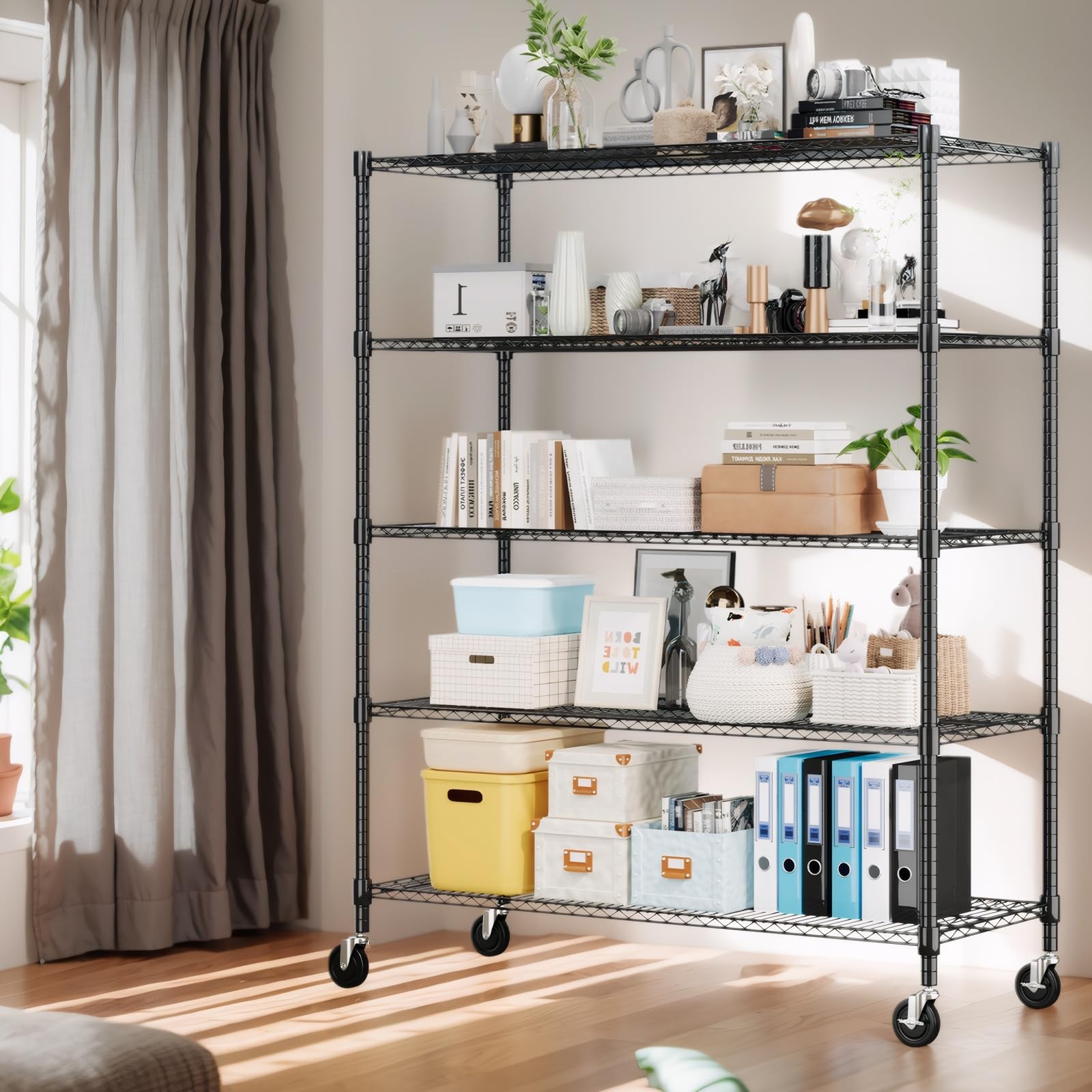 5 Tier Wire Shelving with Wheels Heavy Duty Height Adjustable Metal Shelves for Storage (5 Count)