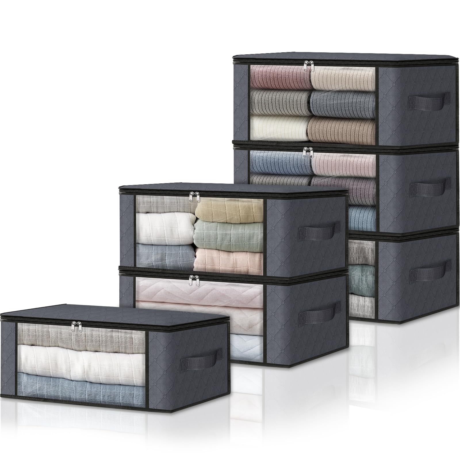 6 Pack Clothes Organizer Storage Bags Foldable Storage Box with Large Clear Window Sturdy Handles for Closet (6 Count)
