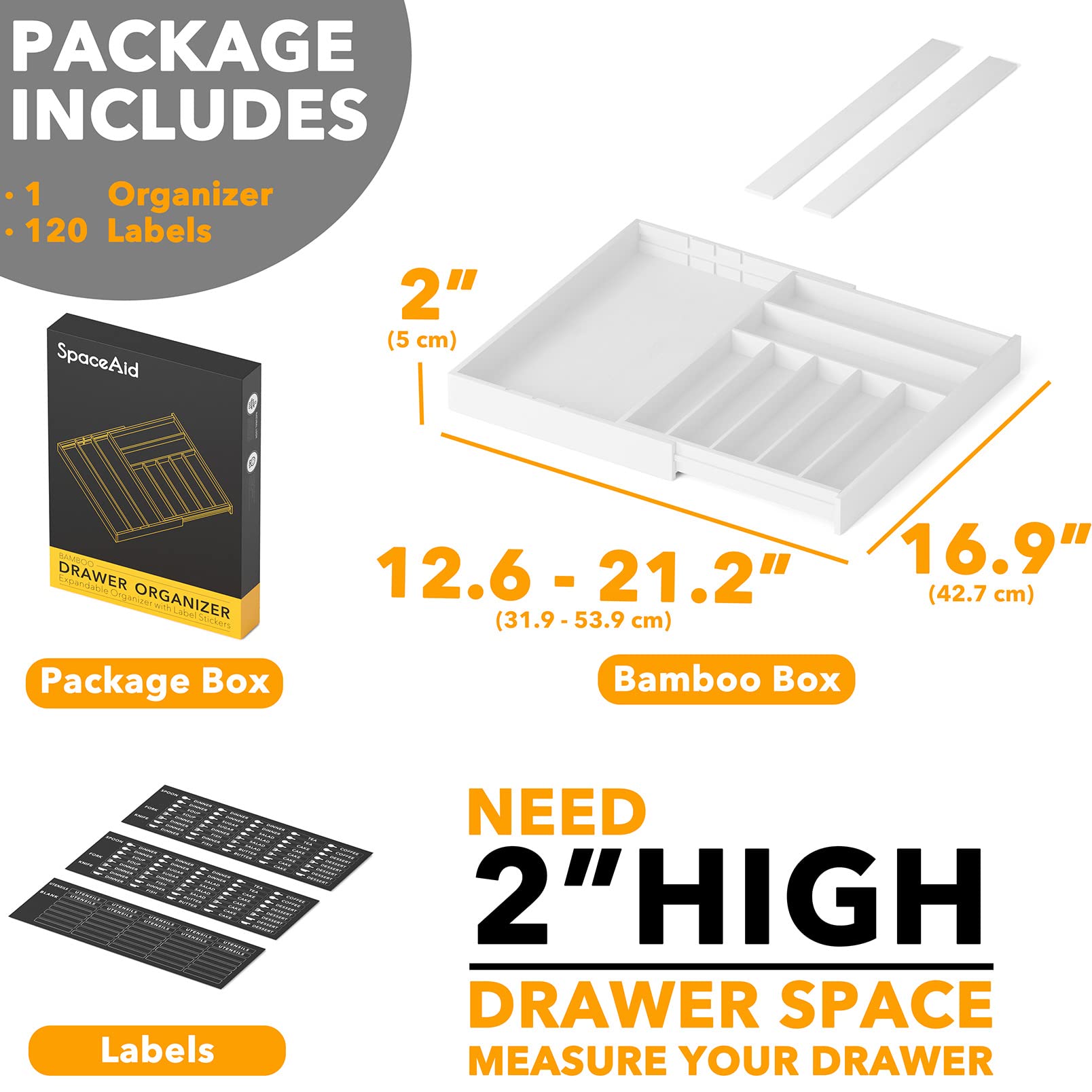 Bamboo Silverware Drawer Organizer with Labels