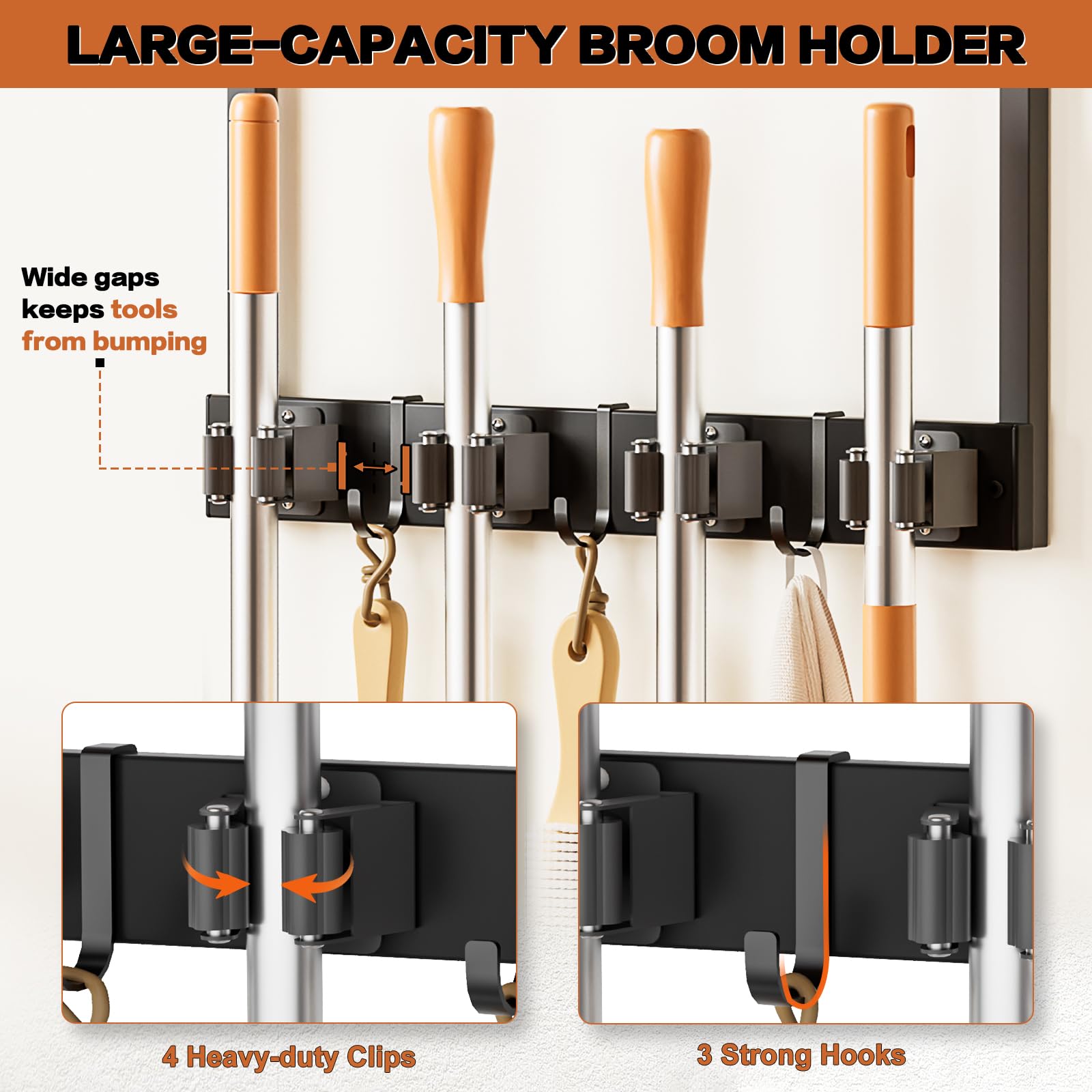 Broom Holder Wall Mount with Cleaning Supplies Organizer