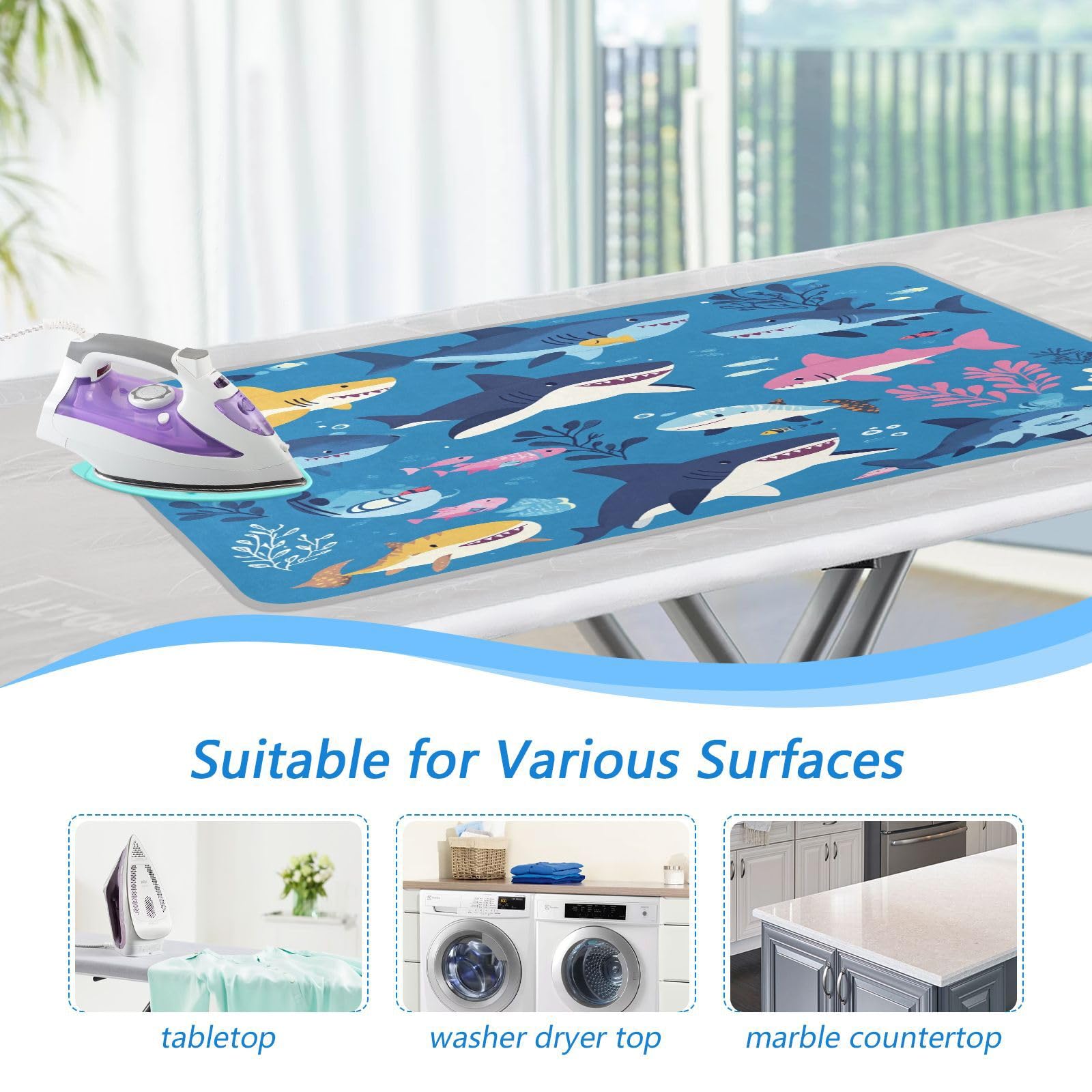 Sharks Fishes and Seaweed Blue Ironing Mat Thickened Ironing Blanket Travel Portable Double