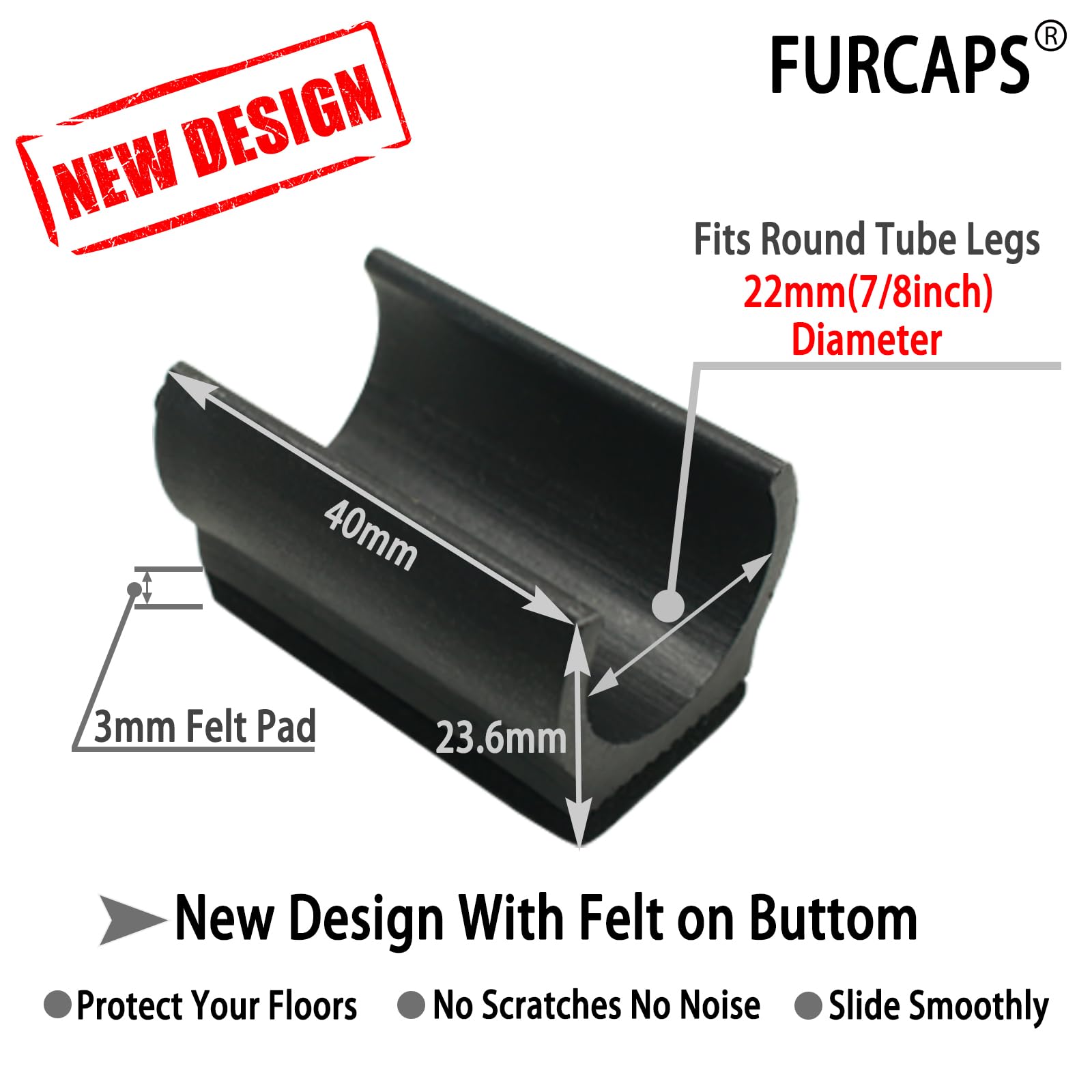 Rectangle U Shaped Sled Chair Leg Tips Cap with Felt Pads (8 Count)