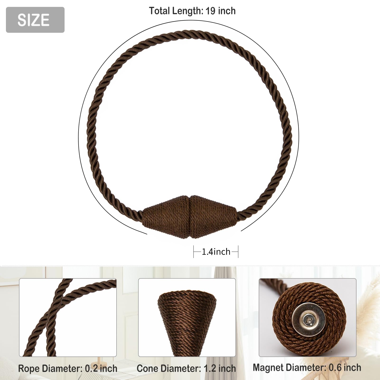 Magnetic Curtain Tiebacks 6 Pack Outdoor Rope Curtain Tie Backs Decorative Window Treatment Holdbacks for Home Decorative Curtain (6 Count)
