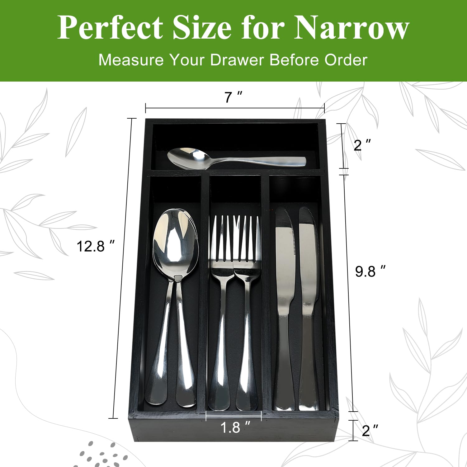Small Black Wooden Silverware Tray Narrow Kitchen Drawer Utensil Organizer