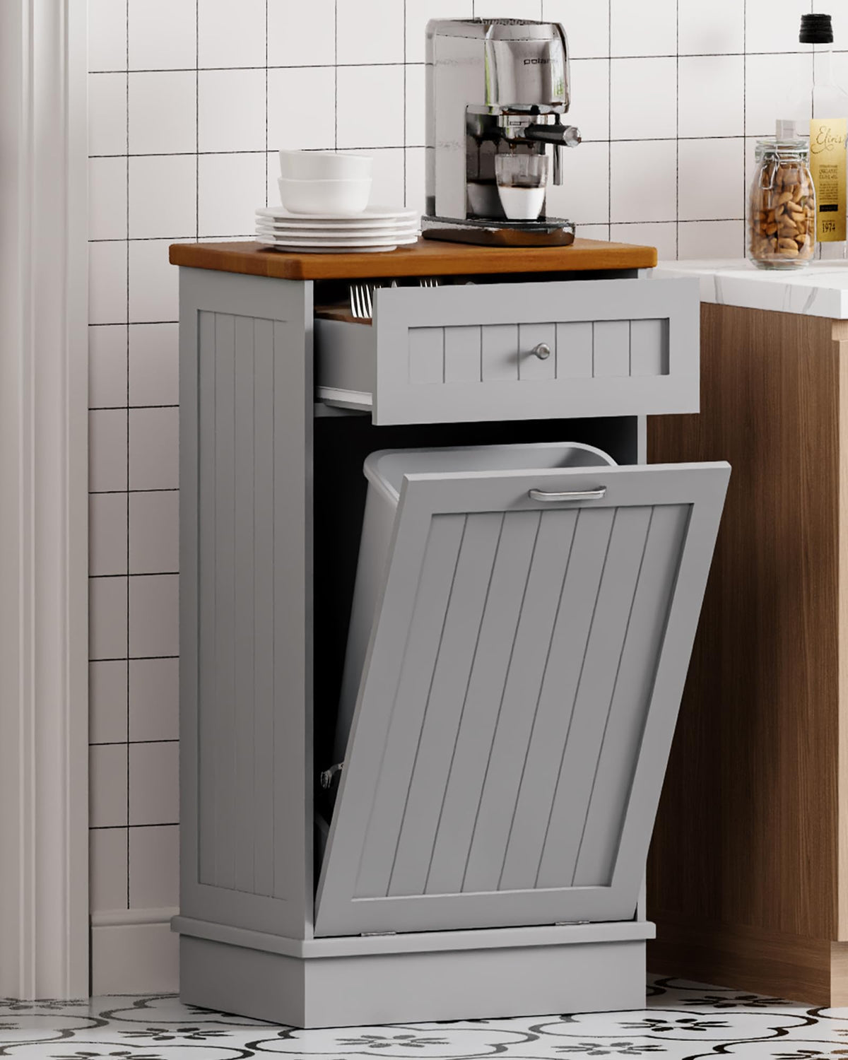 10 Gallon Tilt Out Trash Cabinet with Big Storage Drawer