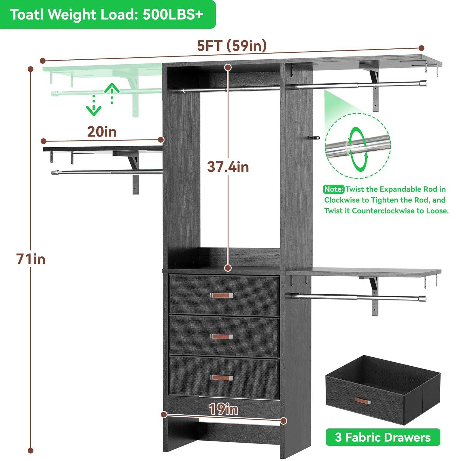 5FT Small Closet System with 3 Fabric Drawers