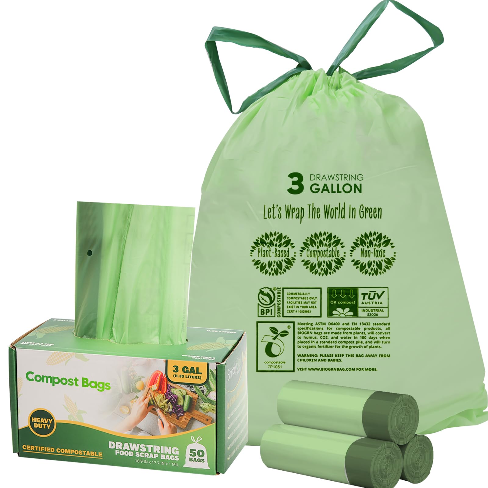 3 Gallon Compostable Trash Bags with Drawstring (50 Count)