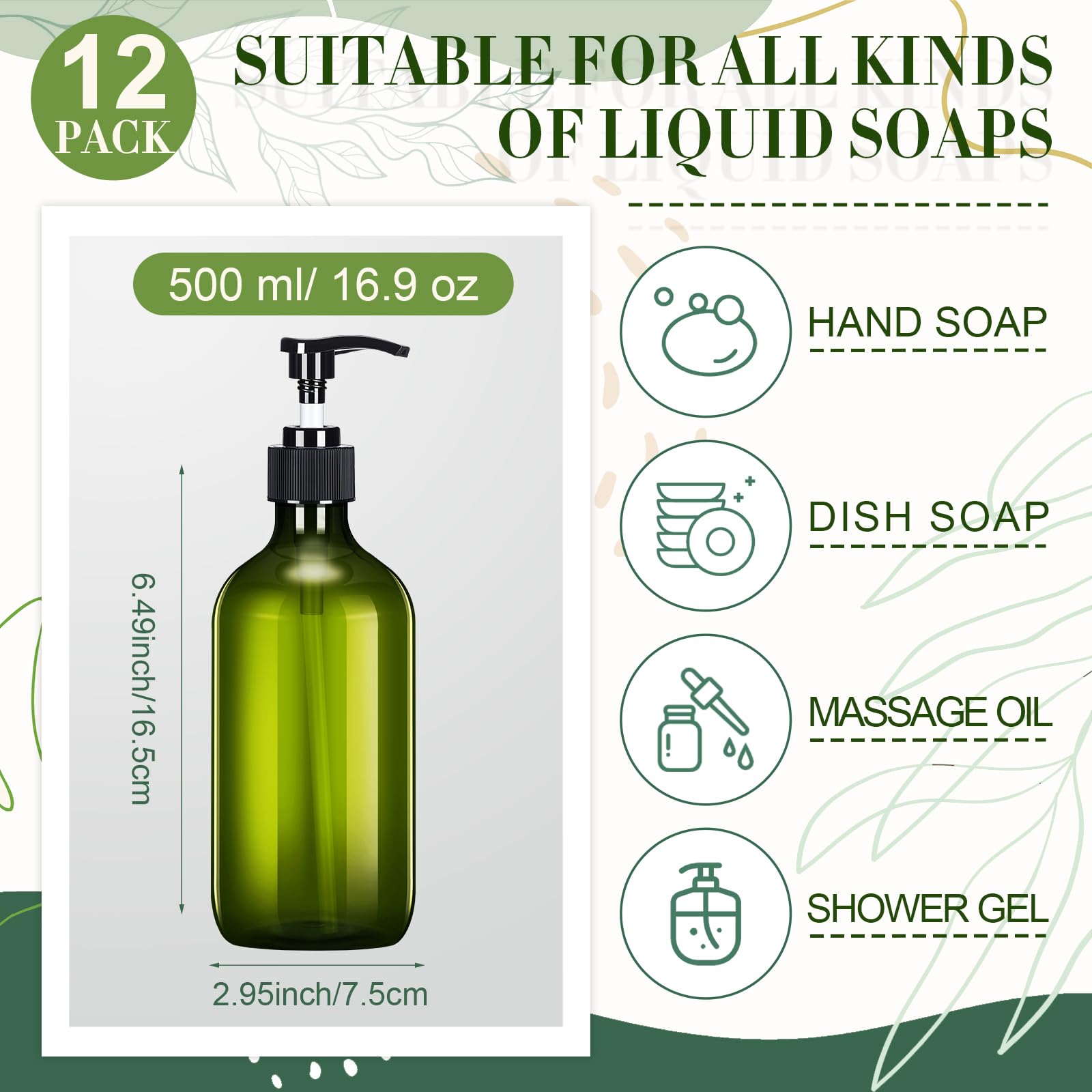 12 Pack Green Plastic Pump Bottles Soap Dispenser (12 Count)