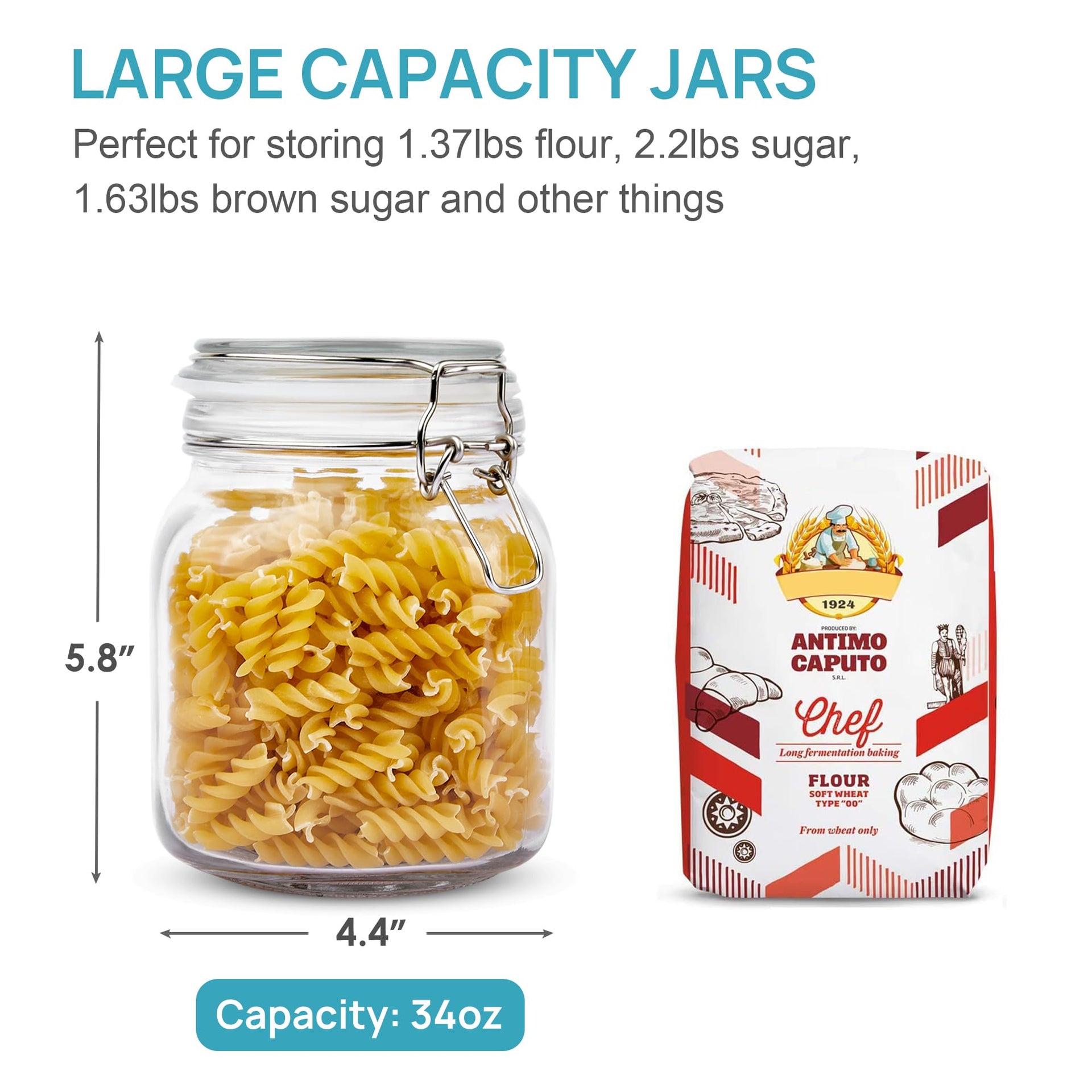 34oz Glass Food Storage Jars with Airtight Clamp Lids (3 Count)