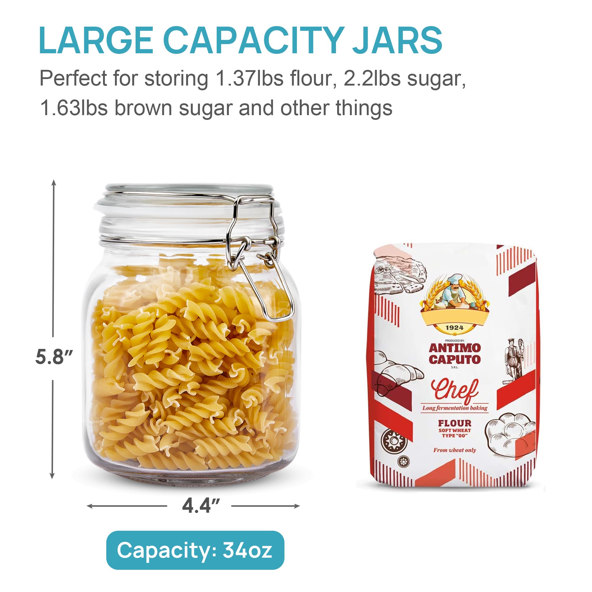 34oz Glass Food Storage Jars with Airtight Clamp Lids (3 Count)