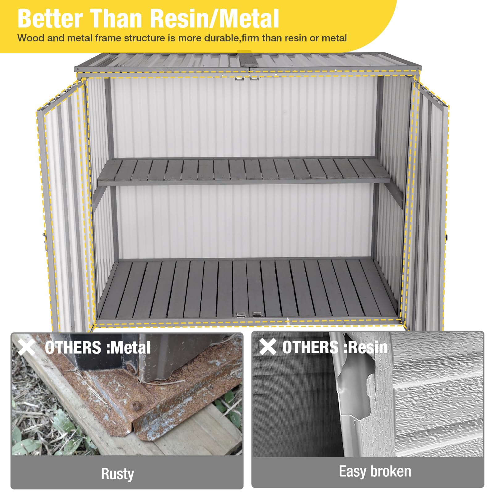 Outdoor Storage Cabinet Trash Can Storage Shed Upgraded with Metal Frame for Garbage Can