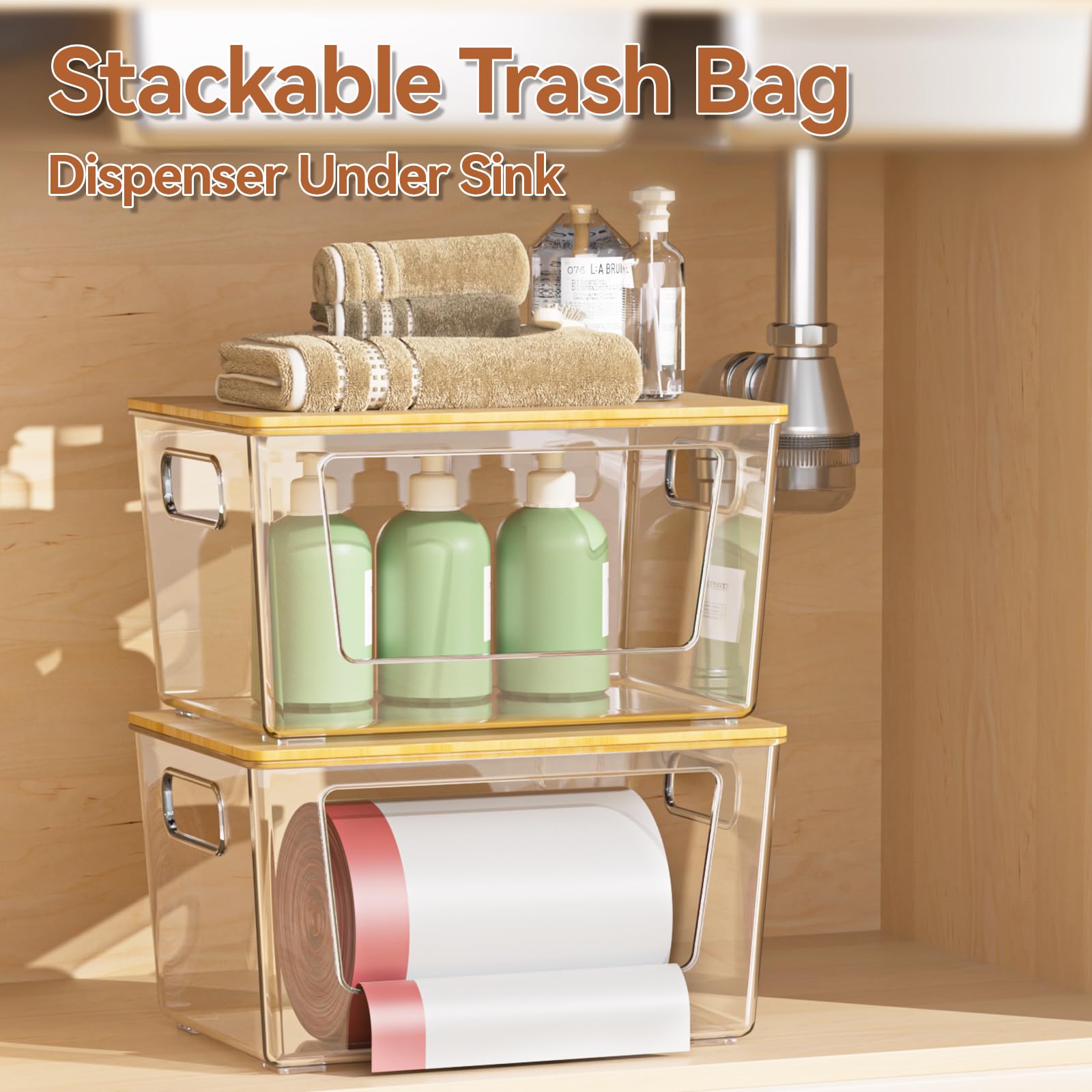 Trash Bag Holder with Bamboo Lid Stackable Trash Bag Dispenser