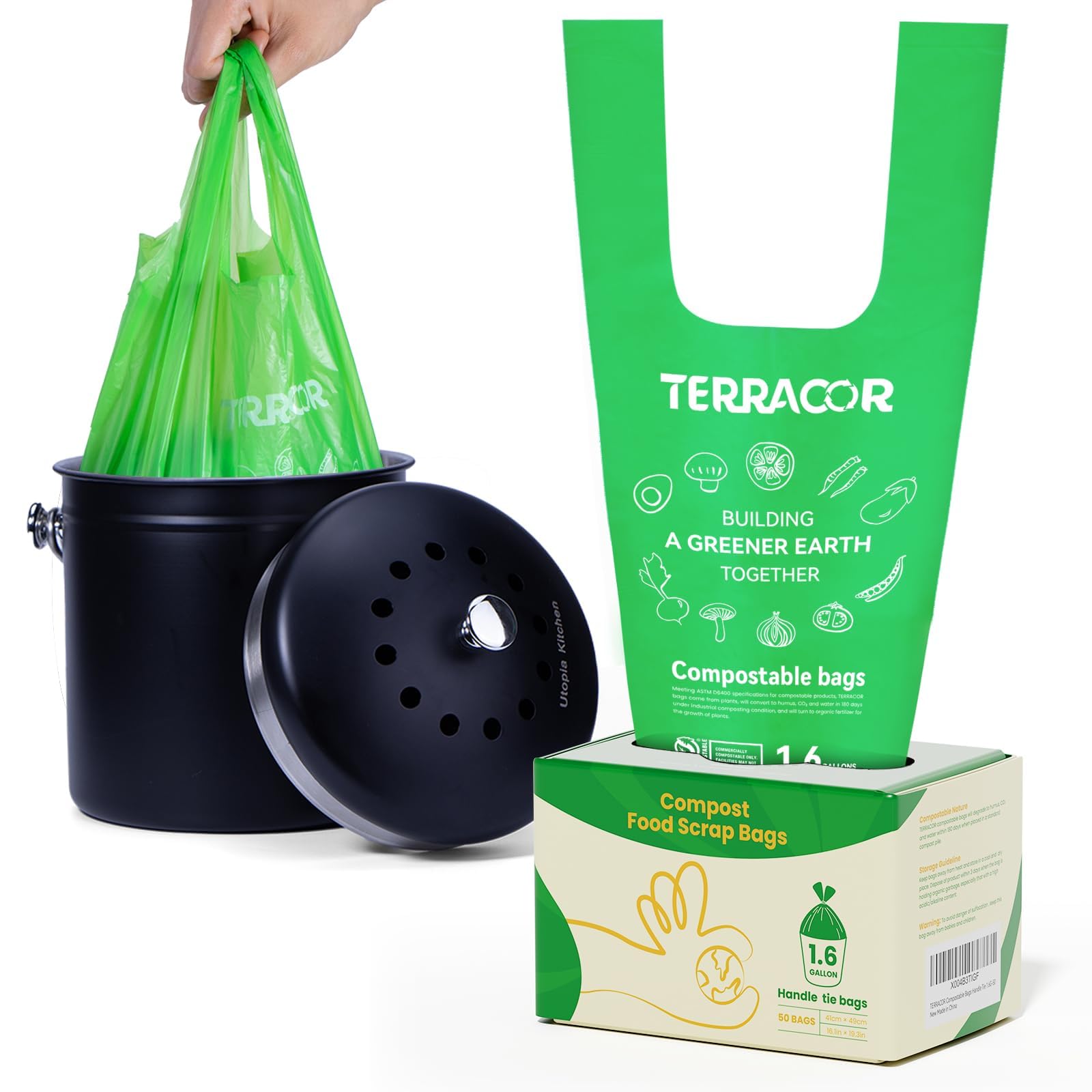 1.6 Gallon Compostable Food Scrap Bags Handle Tie for Kitchen Countertop Bin (50 Count)