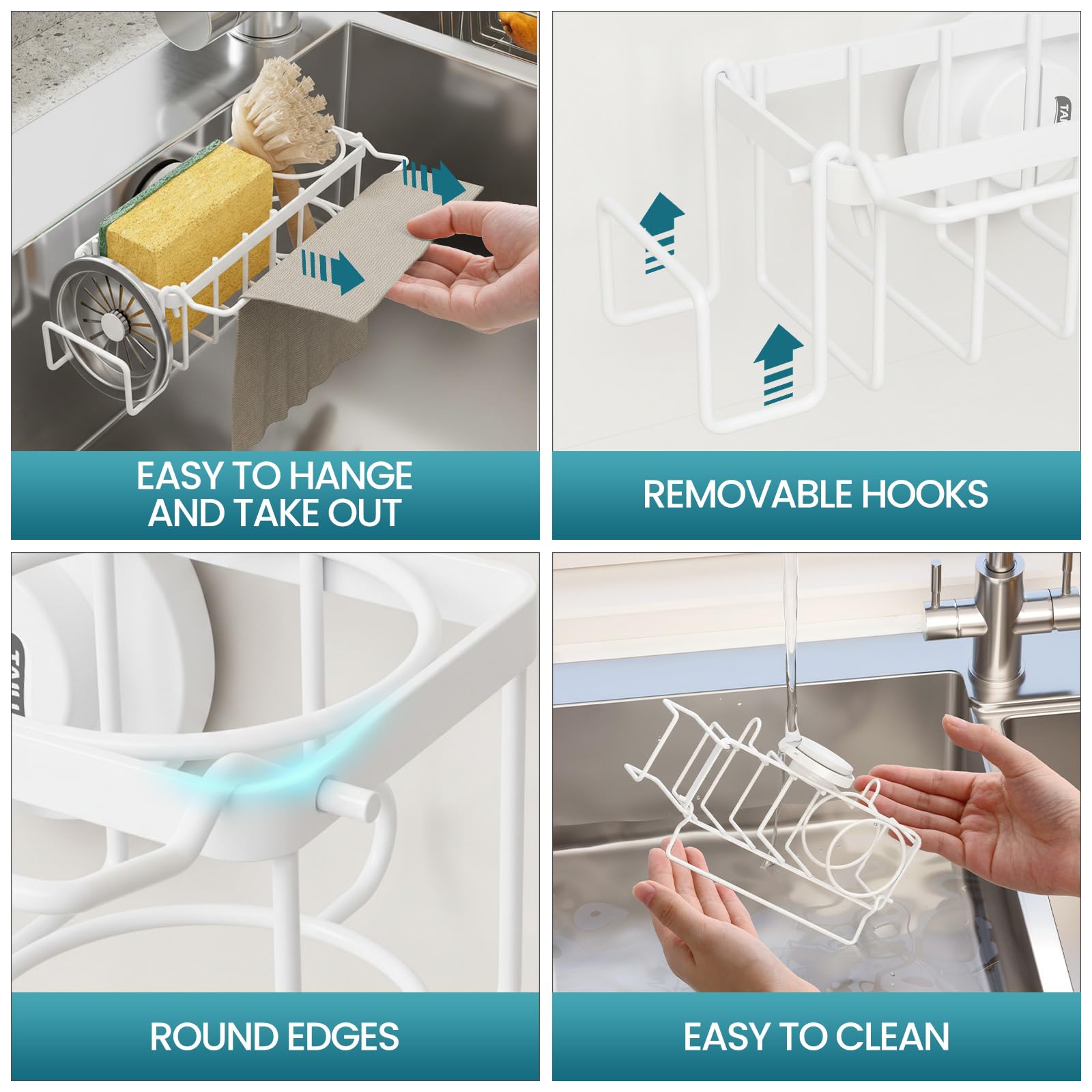 4-in-1 Sink Sponge Holder for Kitchen with Strong Suction Cup-White